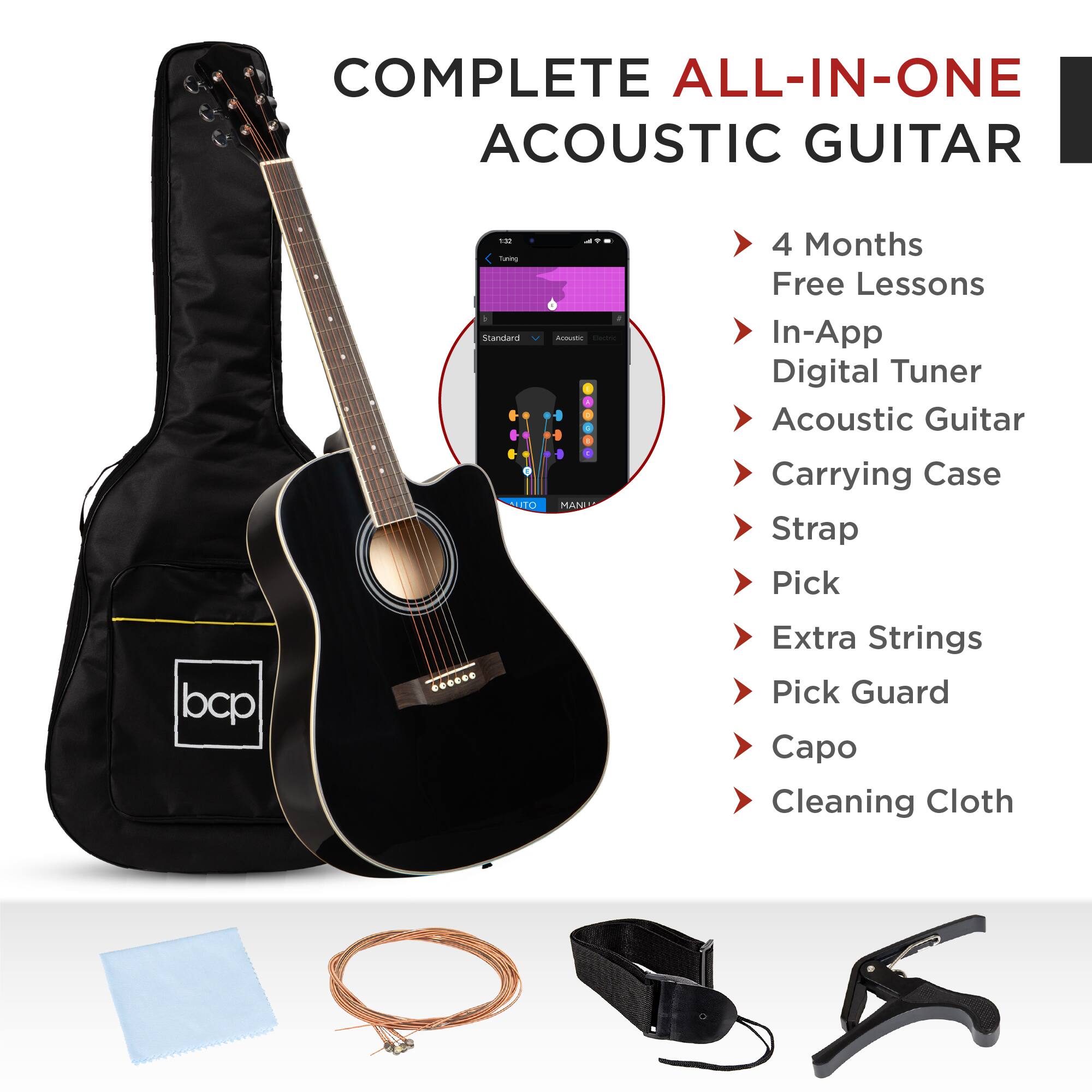 COMPLETE ALL-IN-ONE ACOUSTIC GUITAR

- 4 Months Free Lessons
- In-App Digital Tuner
- Acoustic Guitar
- Carrying Case
- Strap
- Pick
- Extra Strings
- Pick Guard
- Capo
- Cleaning Cloth