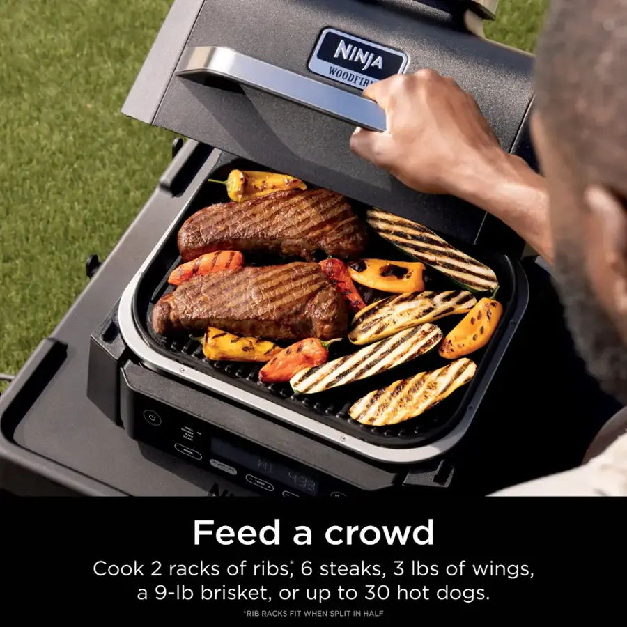 Feed a crowd with the Woodfire Ninja Grill. Cook 2 racks of ribs, 6 steaks, 3 lbs of wings, a 9-lb brisket, or up to 30 hot dogs. Rib racks fit when split in half.