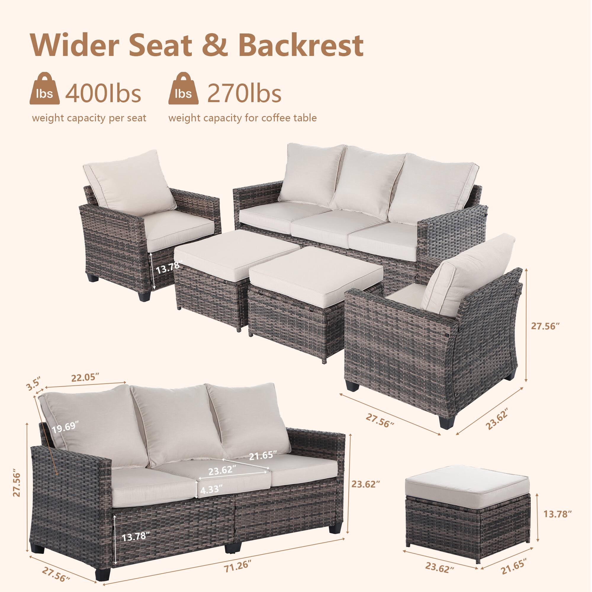 Wider Seat & Backrest

- lbs 400lbs
  weight capacity per seat

- lbs 270lbs
  weight capacity for coffee table

Dimensions:
- 13.78"
- 27.56"
- 22.05"
- 3.5"
- 19.69"
- 27.56"
- 21.65"
- 23.62"
- 4.33"
- 27.56"
- 23.62"
- 23.62"
- 13.78"
- 27.56"
- 13.78"
- 71.26"
- 23.62"
- 21.65"