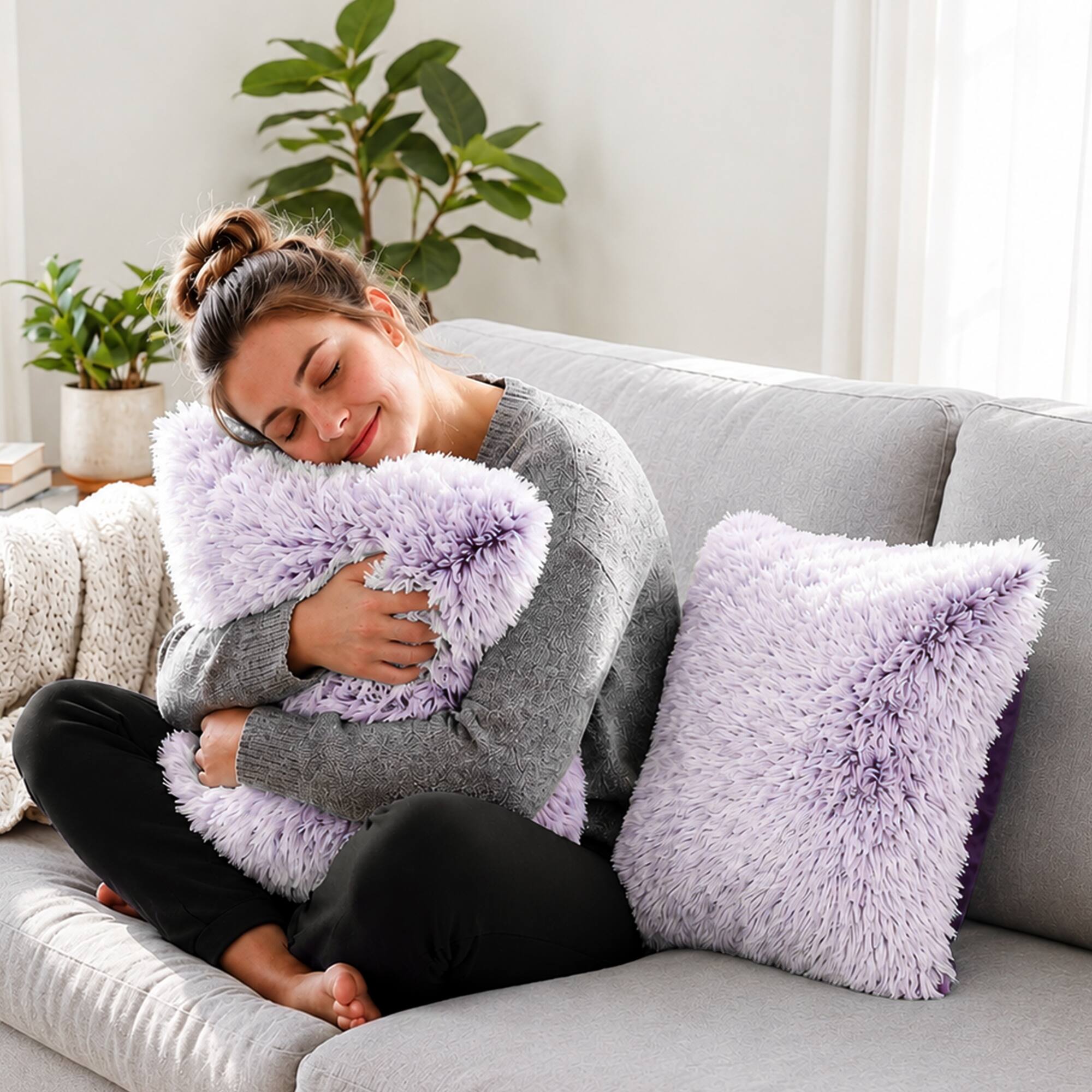 Angle. Cheer Collection - Plush Shaggy Long Hair Faux Fur Accent Throw Pillows with Inserts, 18 x 18-Inch, Set of 2 - Purple Ombre - Purple.