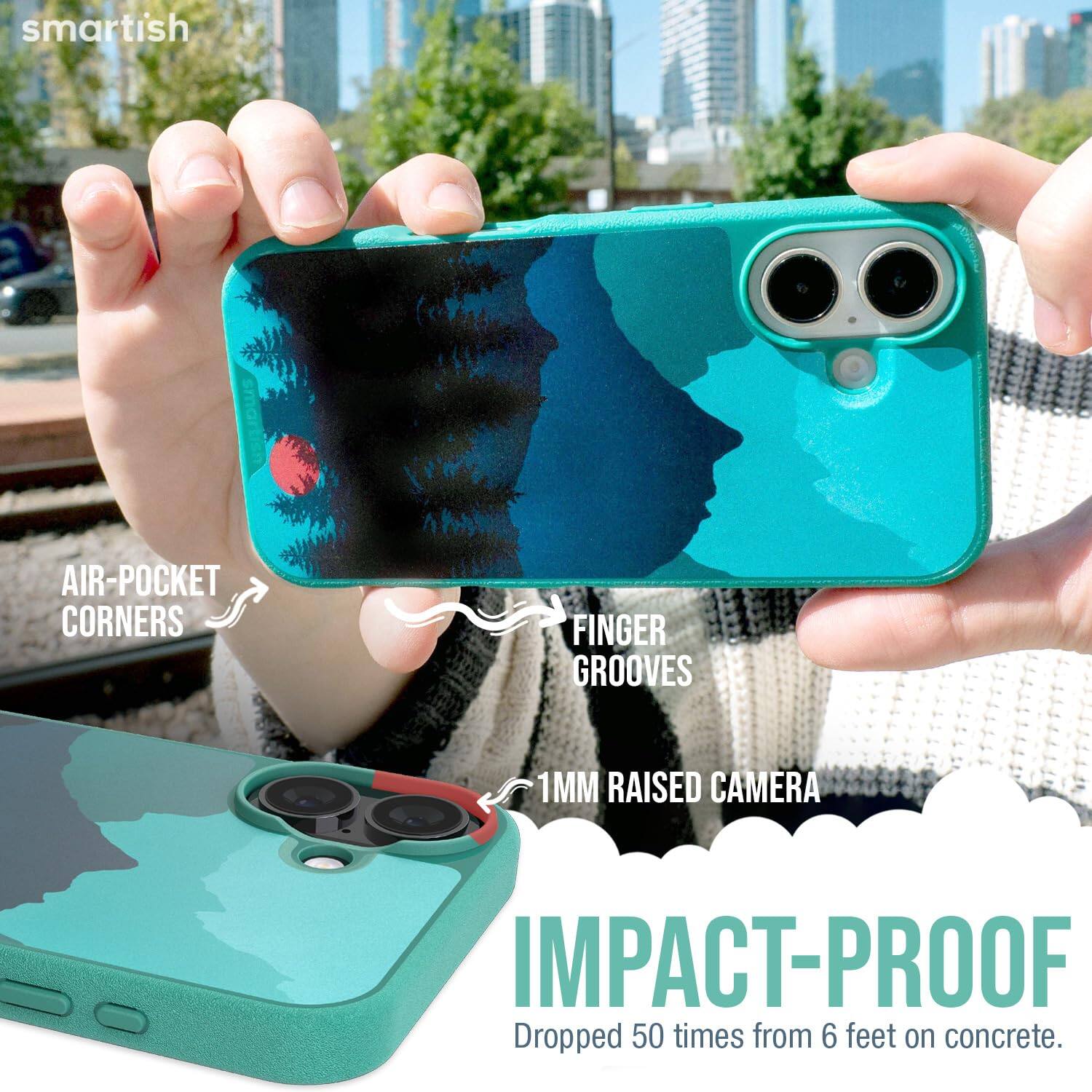 smartish

AIR-POCKET CORNERS  
FINGER GROOVES  
1MM RAISED CAMERA  
IMPACT-PROOF  
Dropped 50 times from 6 feet on concrete.