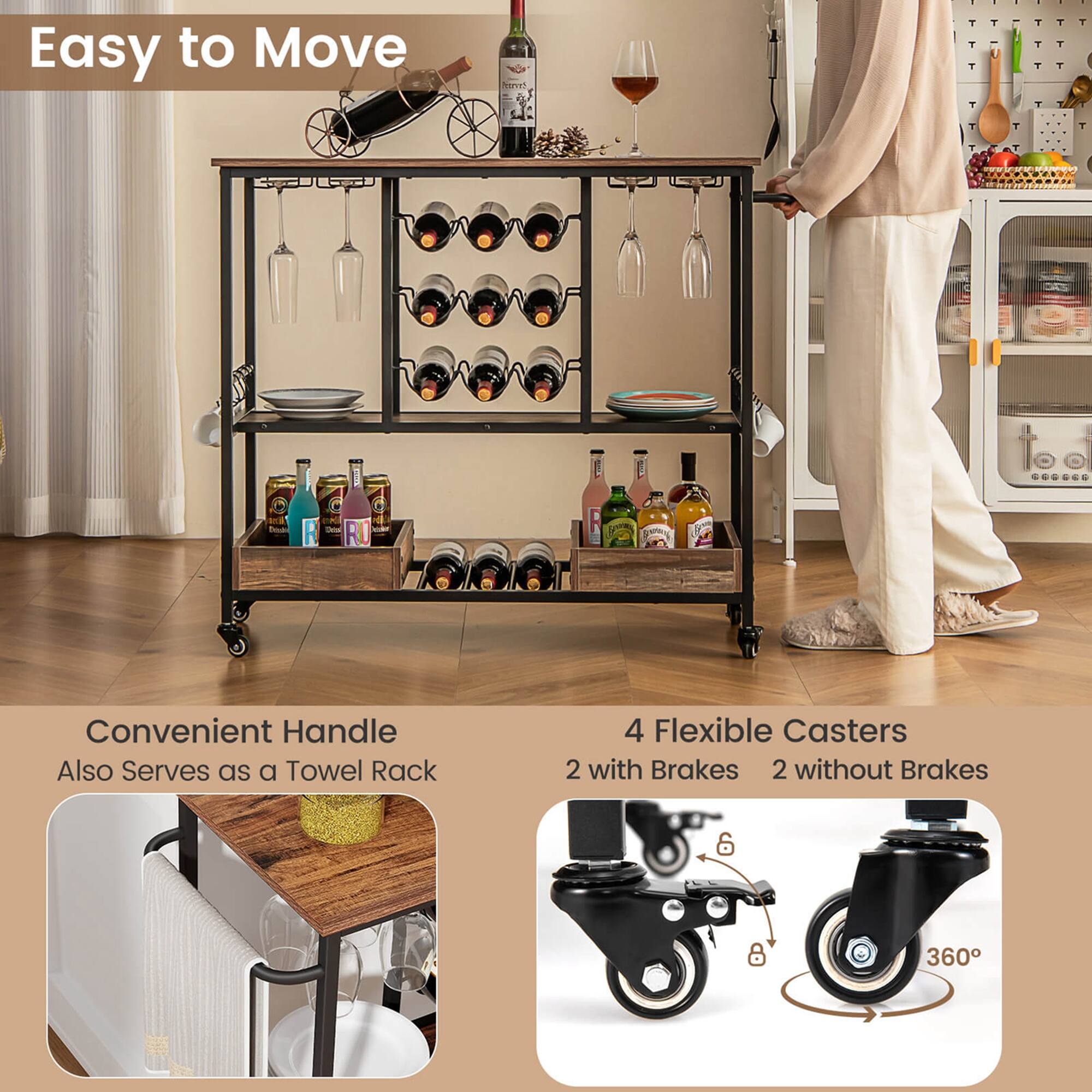 Easy to Move, Convenient Handle, Also Serves as a Towel Rack, 4 Flexible Casters, 2 with Brakes, 2 without Brakes, 360
