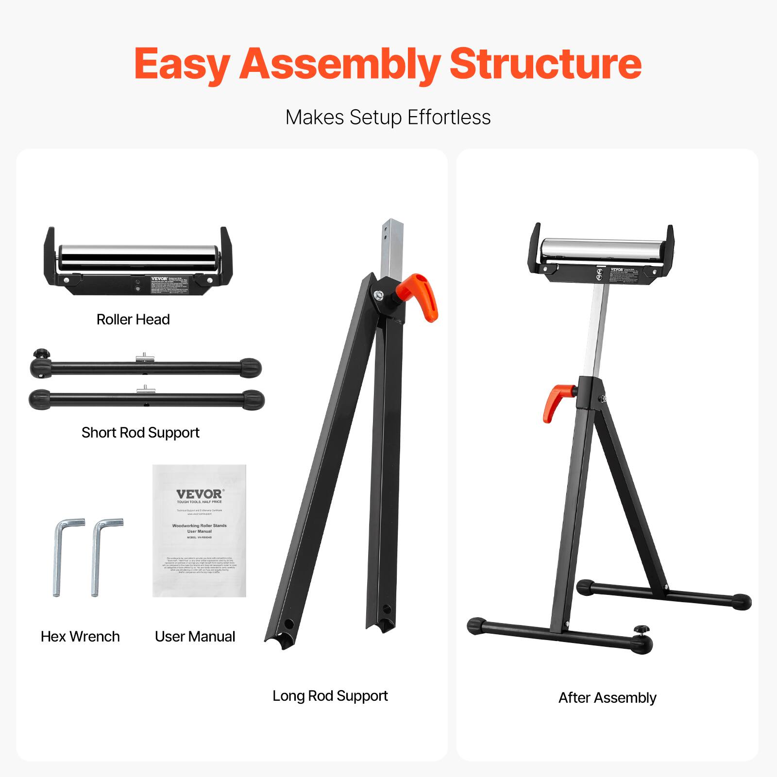 Easy Assembly Structure Makes Setup Effortless

- Roller Head
- Short Rod Support
- Hex Wrench
- User Manual
- Long Rod Support
- After Assembly