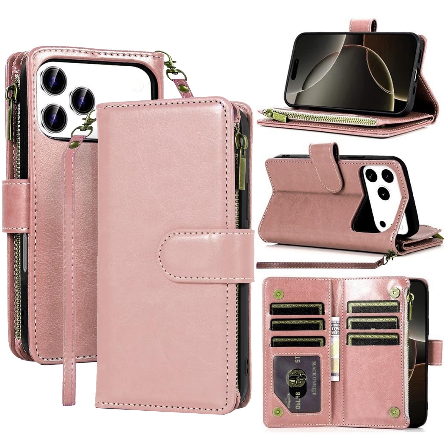 Equipd - Phone Case for iPhone 17 Pro 6.3", Luxury Wallet Card ID Zipper Money Holder Cover - Rose Gold