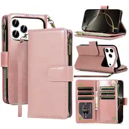 Equipd - Phone Case for iPhone 17 Pro 6.3", Luxury Wallet Card ID Zipper Money Holder Cover - Rose Gold