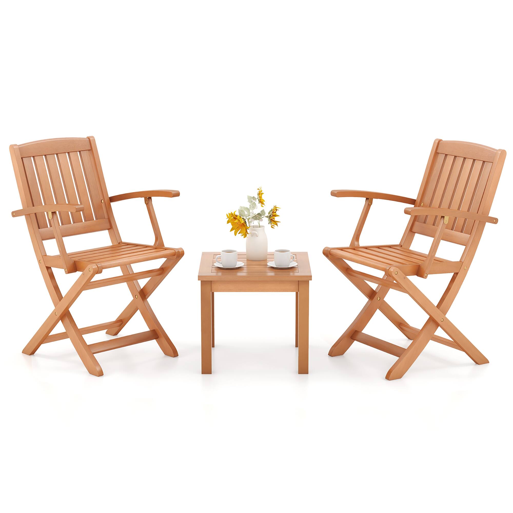 Alt View 3. Gymax - Gymax 3 PCS Eucalyptus Wood Patio Bistro Set w/ 2 Folding Arm Chairs for Porch - Natural.