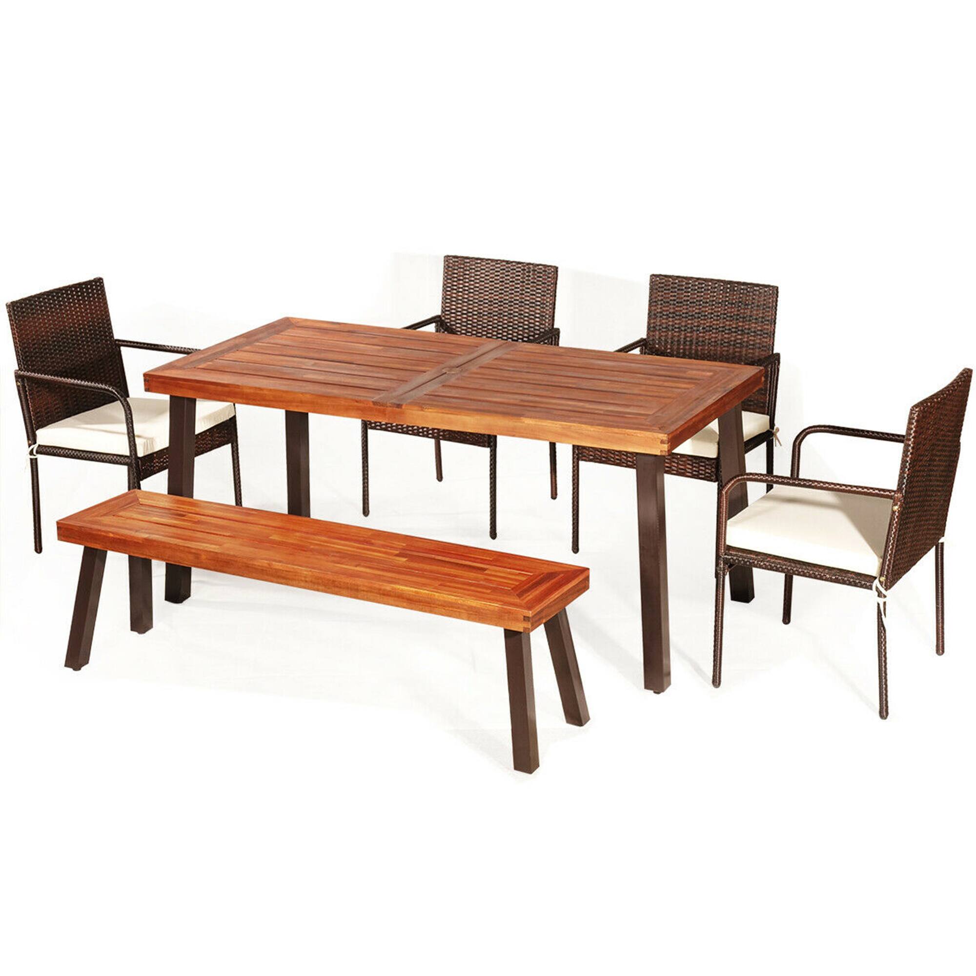 Alt View 9. Gymax - Gymax 6PCS Patio Rattan Dining Set Acacia Wood Tabletop Cushioned Chair - Brown.