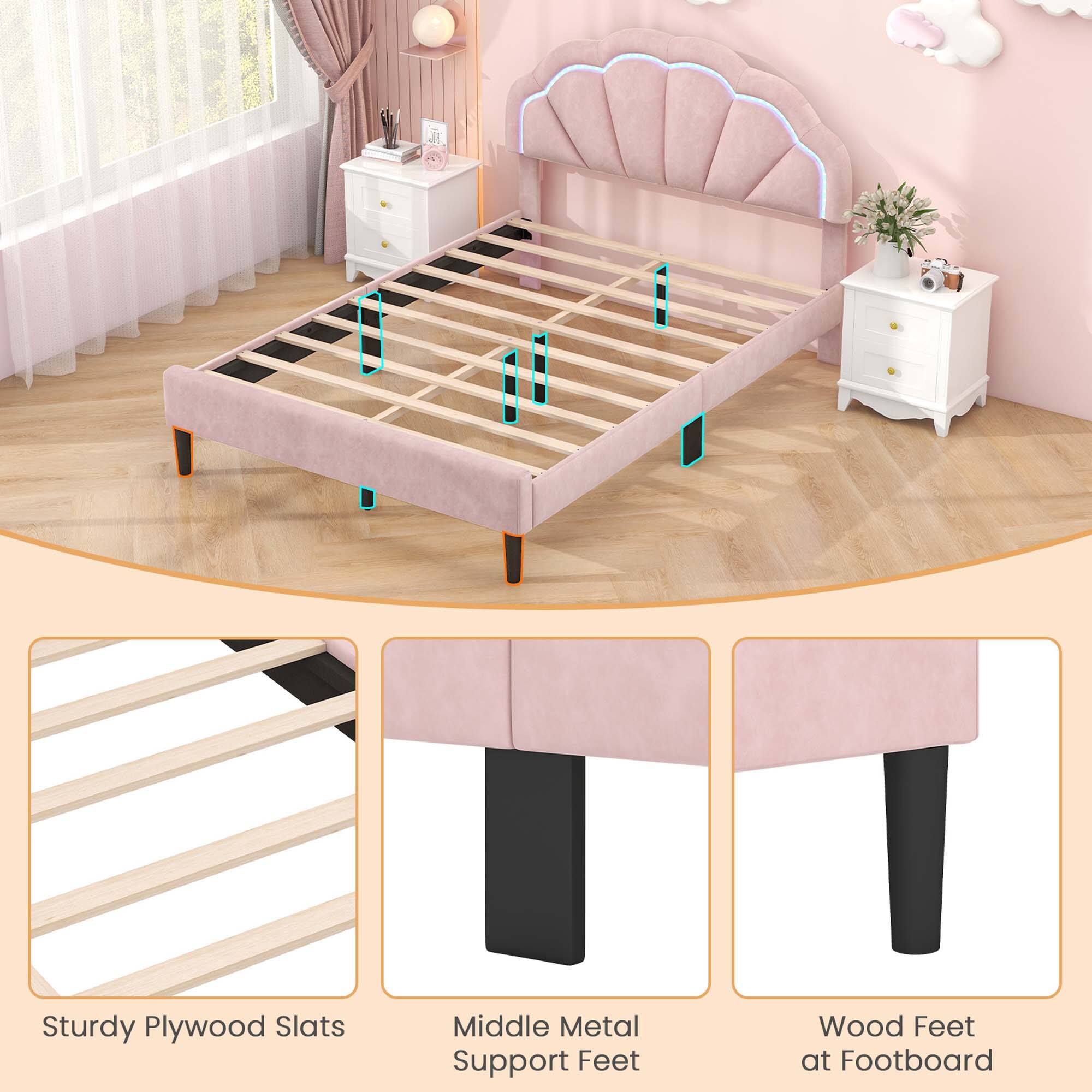 The text on the image reads: "Sturdy Plywood Slats Middle Metal Support Feet Wood Feet at Footboard."