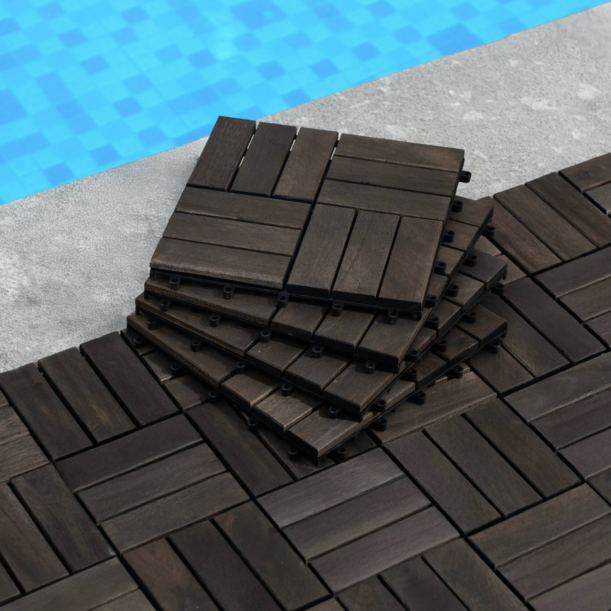 Alt View 8. GOODSILO - Acacia Wood Interlocking Deck Tiles Checker Pattern, 10PCS 12"x12" Square Hardwood Outdoor Flooring - Dark Brown.