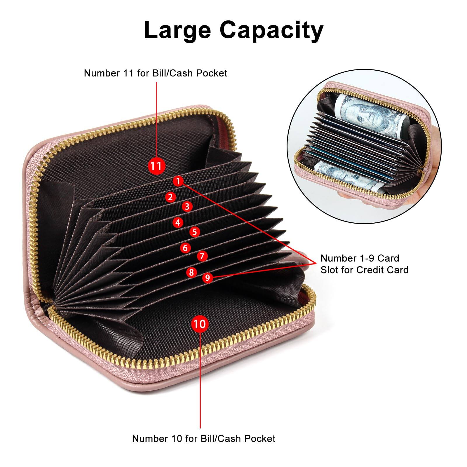 Left. Jadie Link - Credit Card Holder Rfid Case Wallet Small Accordion Zipper Organizer Women Men High-quality Leather Credit Card Holder - Stone Violet.