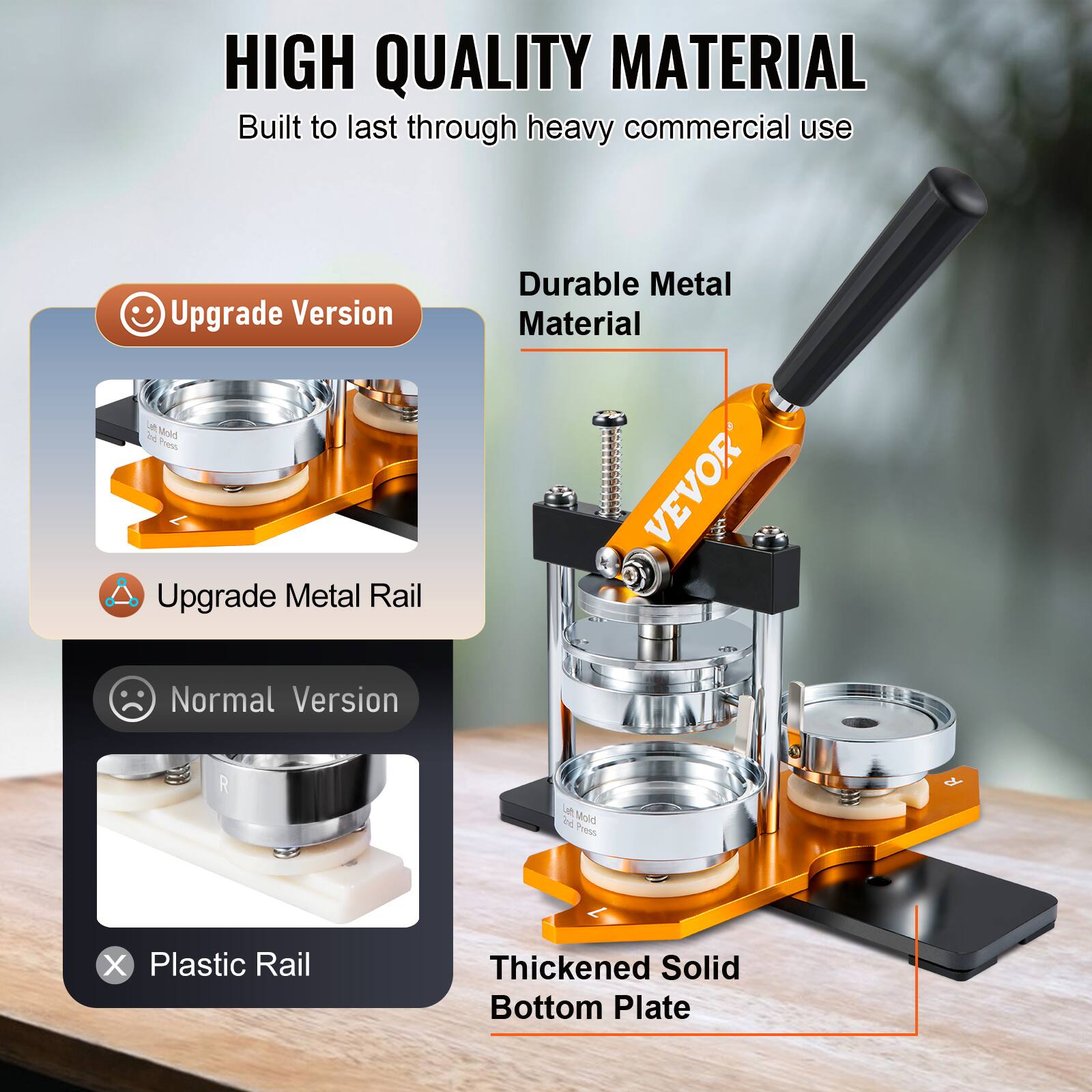 HIGH QUALITY MATERIAL  
Built to last through heavy commercial use

Upgrade Version  
- Durable Metal Material  
- Upgrade Metal Rail  

Normal Version  
- Plastic Rail  

Thickened Solid Bottom Plate