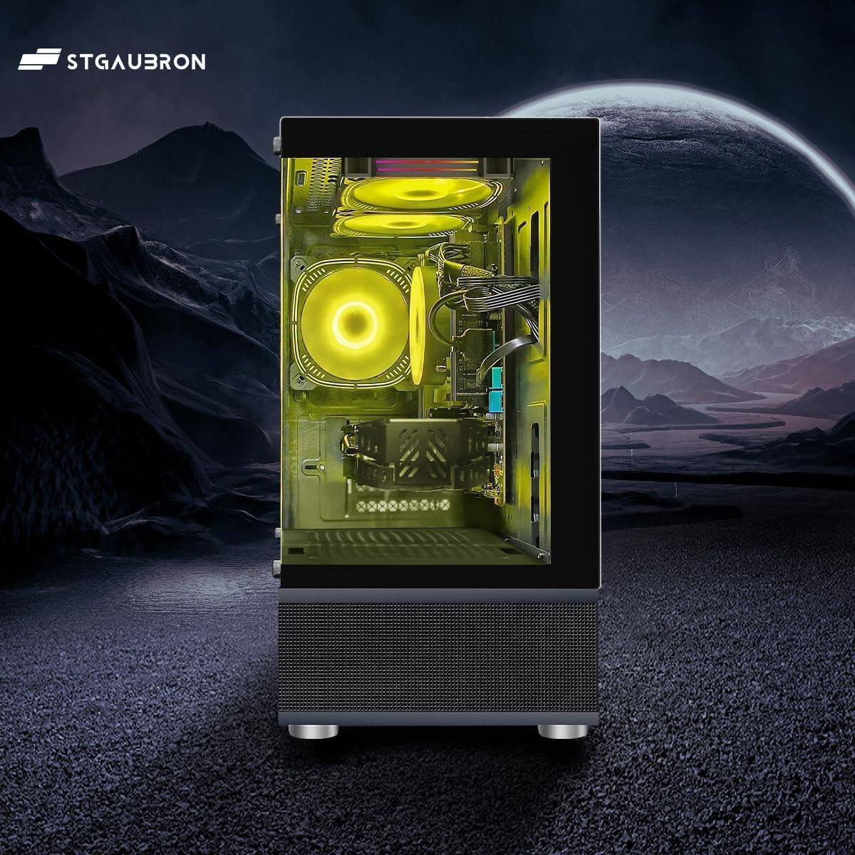 Angle. STGAubron - STGAubron Gaming PC Desktop, Intel Core i5 up to 3.6GHz, Radeon RX 590 8G, 16GB RAM, 1T SSD, WiFi 6, BT 5.0, Win11 Home - Black.