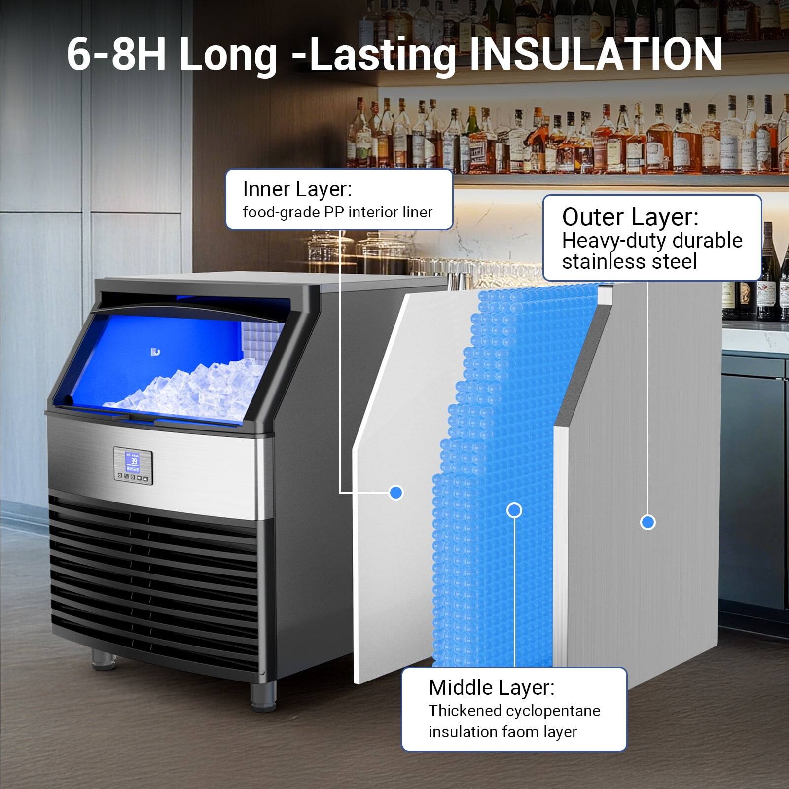 6-8H Long-Lasting INSULATION

Inner Layer: food-grade PP interior liner

Middle Layer: Thickened cyclopentane insulation foam layer

Outer Layer: Heavy-duty durable stainless steel