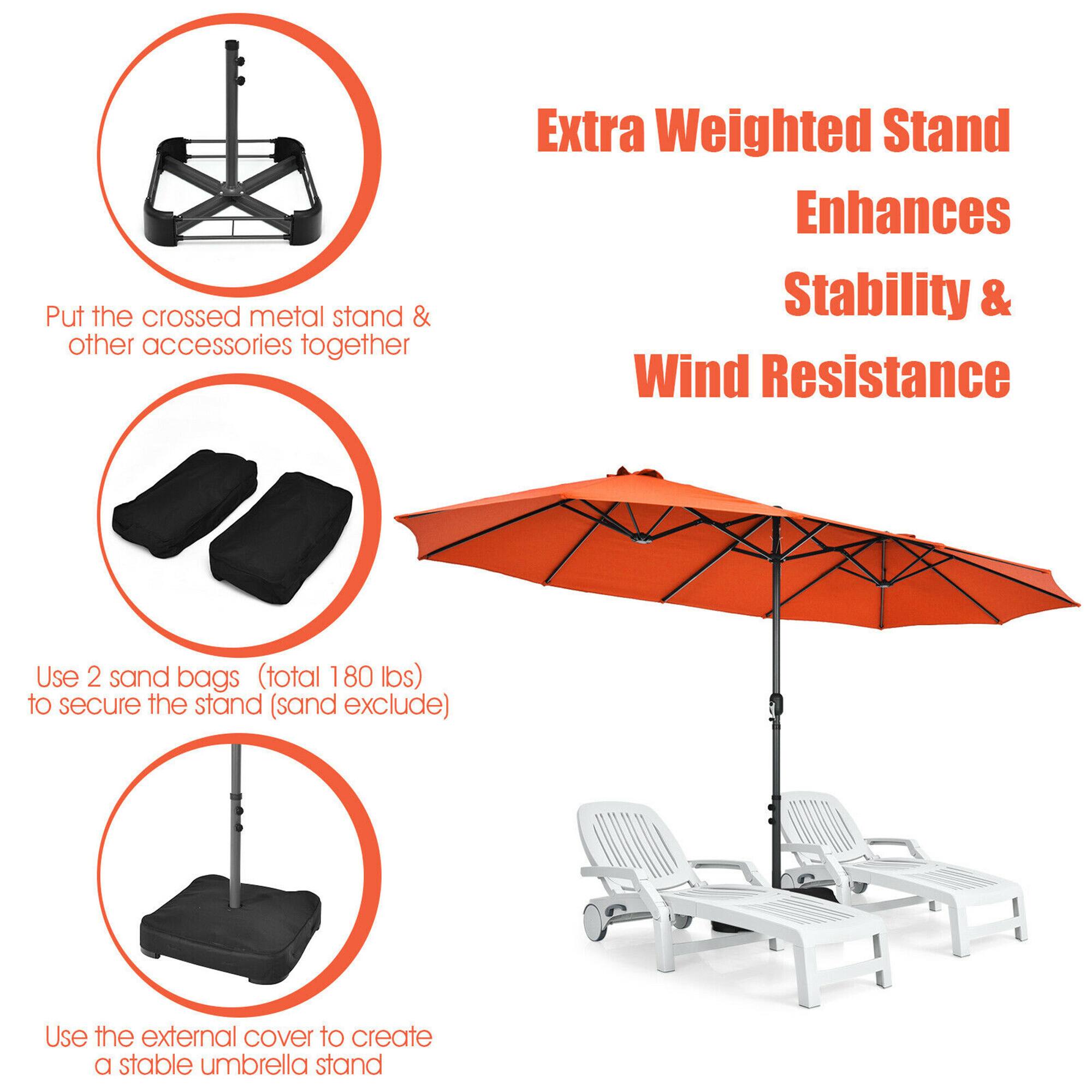 Put the crossed metal stand & other accessories together. Extra Weighted Stand Enhances Stability & Wind Resistance. Use 2 sand bags (total 180 lbs) to secure the stand (sand exclude). Use the external cover to create a stable umbrella stand.