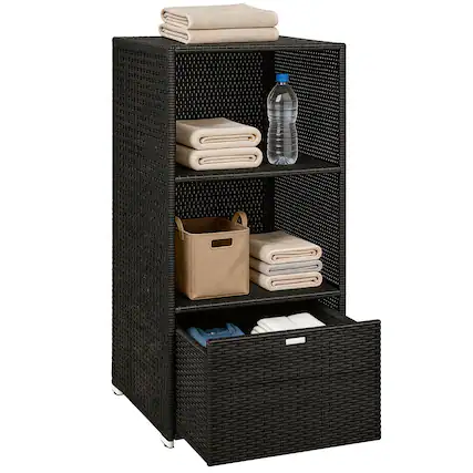 Front. Outsunny - Pool Towel Rack, Water-Resistant PE Plastic Rattan Wicker Storage Organizer, 2 Shelves - Brown.