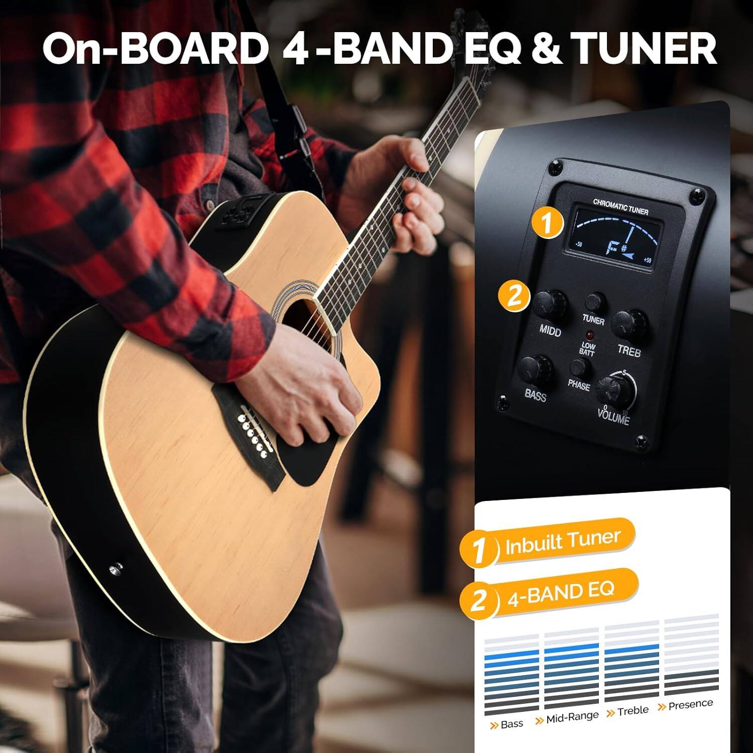 On-BOARD 4-BAND EQ & TUNER

1. Inbuilt Tuner
2. 4-BAND EQ

- Bass
- Mid-Range
- Treble
- Presence