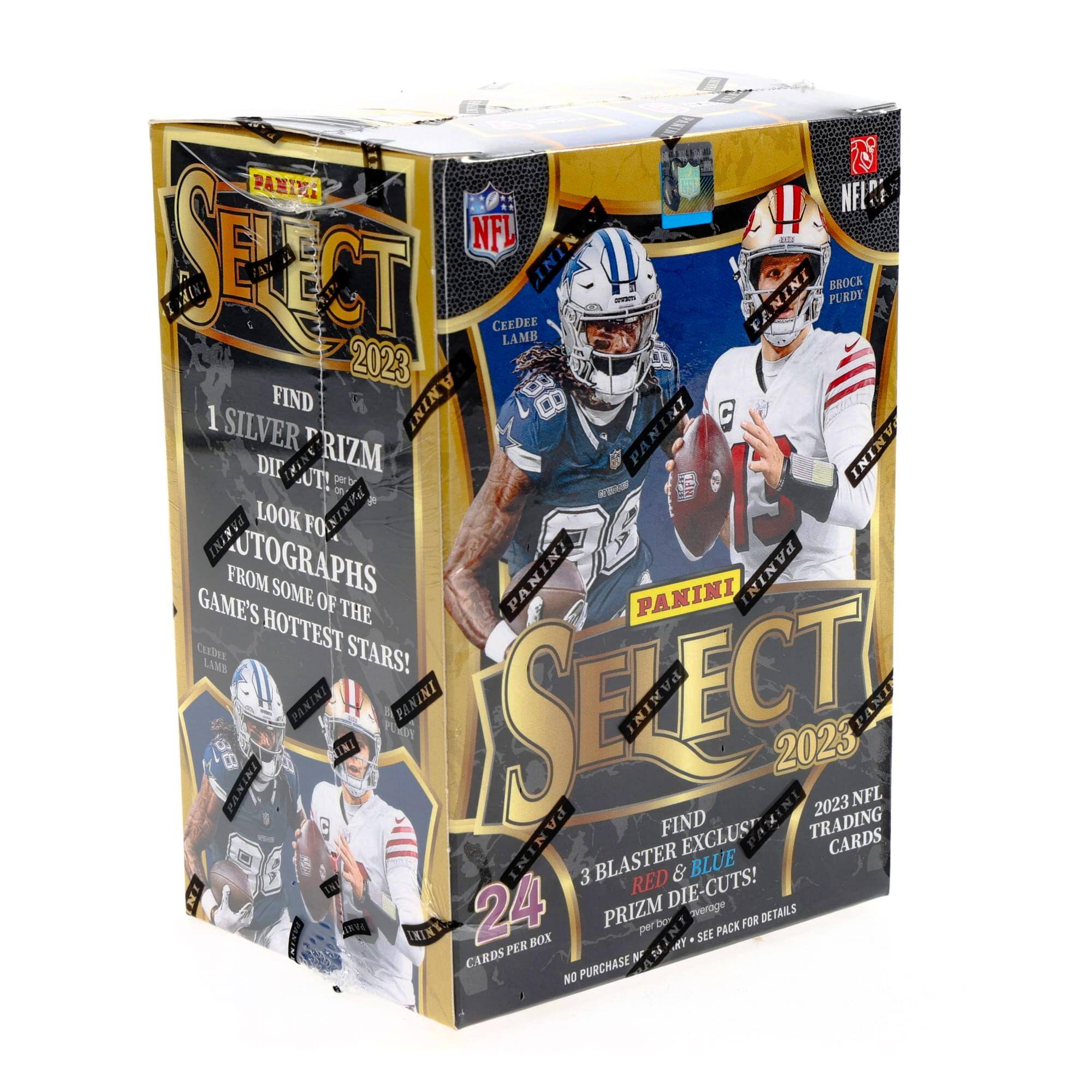 Sure, here is the corrected and grouped text from the image:

---

**PANINI SELECT 2023**

**NFL**

**FIND 1 SILVER PRIZM**

**LOOK FOR AUTOGRAPHS FROM SOME OF THE GAME'S HOTTEST STARS!**

**24 CARDS PER BOX**

**FIND 3 BLASTER EXCLUSIVE RED & BLUE PRIZM DIE-CUTS!**

**2023 NFL TRADING CARDS**

**NO PURCHASE NECESSARY. SEE PACK FOR DETAILS.**

**CEDEE LAMB**

**BROCK PURDY**

**PANINI**

**PANINI SELECT 2023**

**PANINI**

**PANINI**

**PANINI**

**PANINI**

**PANINI**

**PANINI**

**PANINI**

**PANINI**

**PANINI**

**PANINI**

**PANINI**

**PANINI**

**PANINI**

**PANINI**

**PANINI**

**PANINI**

**PANINI**

**PANINI**

**PANINI**

**PANINI**

**PANINI**

**PANINI**

**PANINI