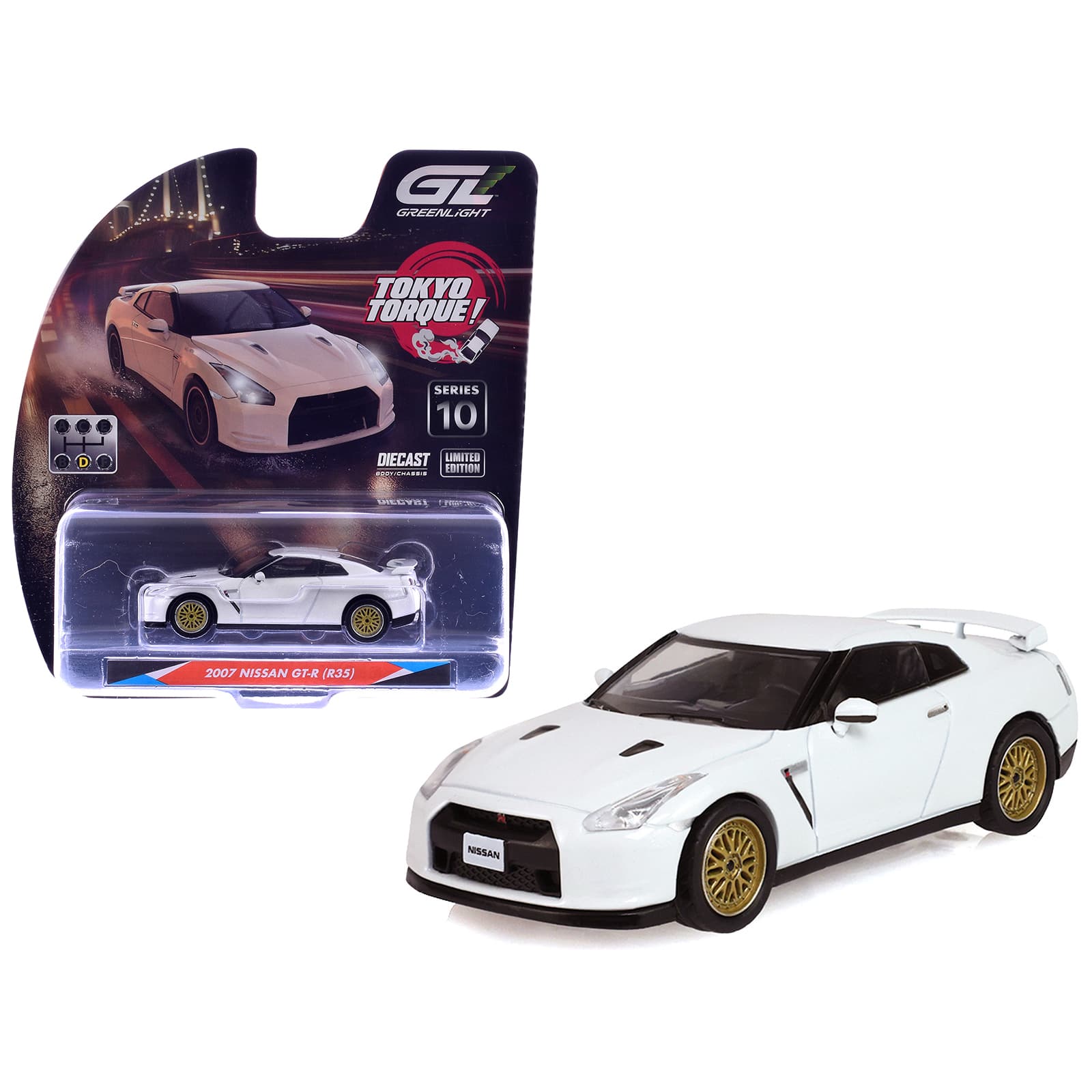 "2007 Nissan GT-R (R35) Pearl White with Gold Wheels ""Tokyo Torque"" Series 10 1/64 Diecast Model Car by Greenlight" price history on PriceWatchPro
