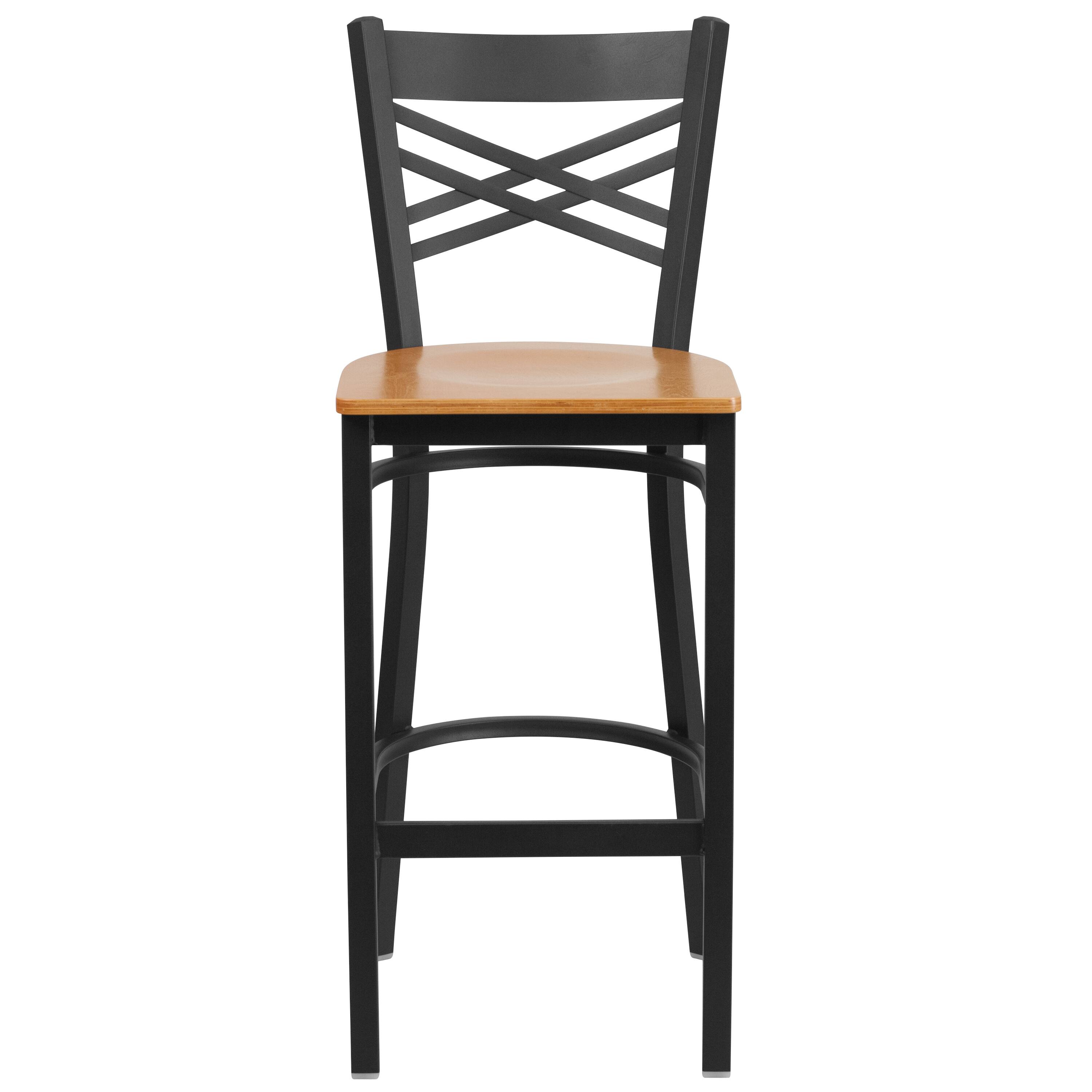 Alt View 6. Emma + Oliver - 2 Pack "X" Back Metal Restaurant Barstool - Natural Wood Seat/Black Metal Frame.