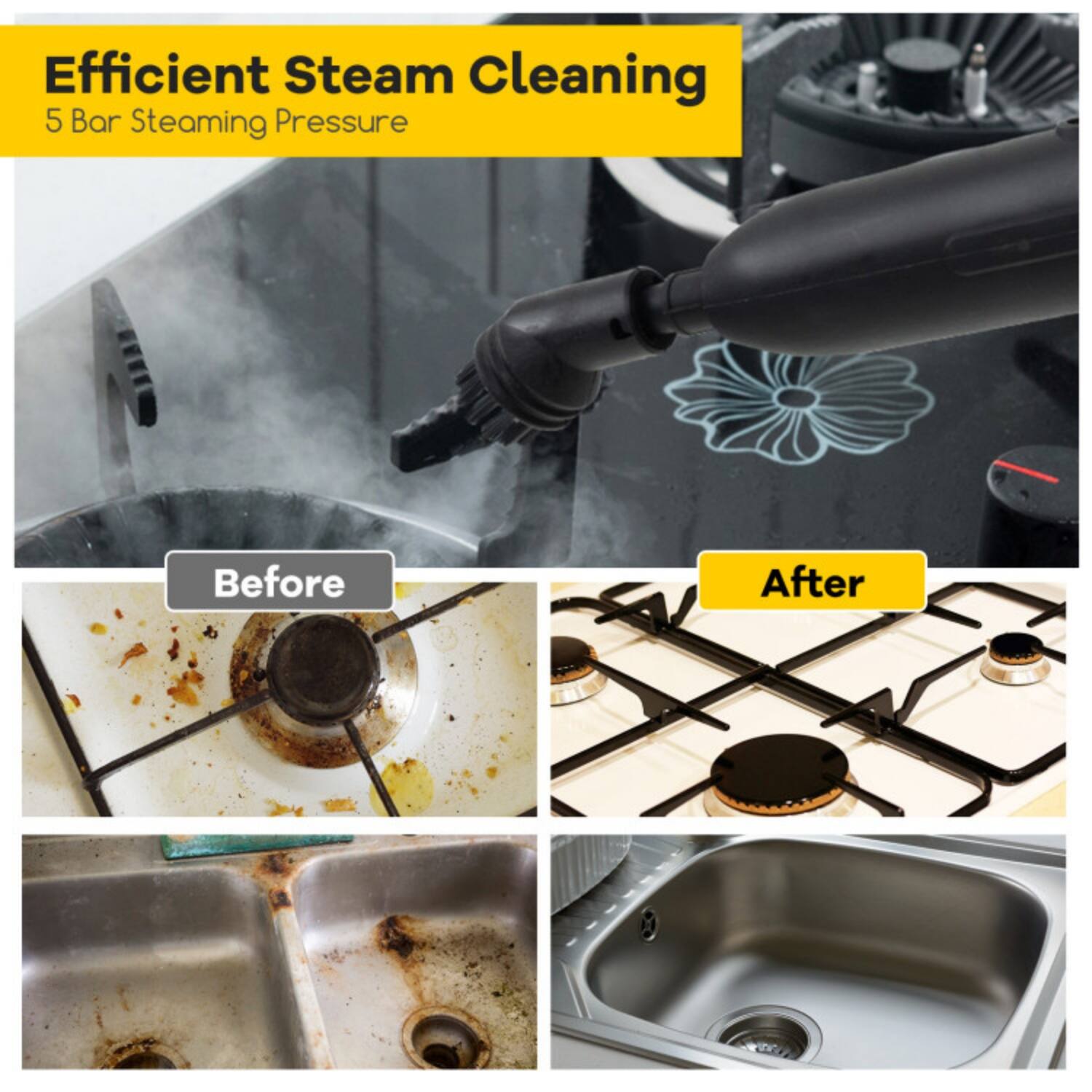 Efficient Steam Cleaning  
5 Bar Steaming Pressure  

Before  
After