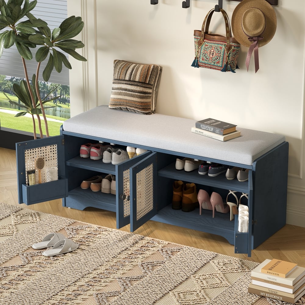 Ropilly - Rustic Wood Entryway Storage Bench with Cushion and Rattan Doors Shoe Bench for Hallway Living Room - Antique Navy price history on PriceWatchPro