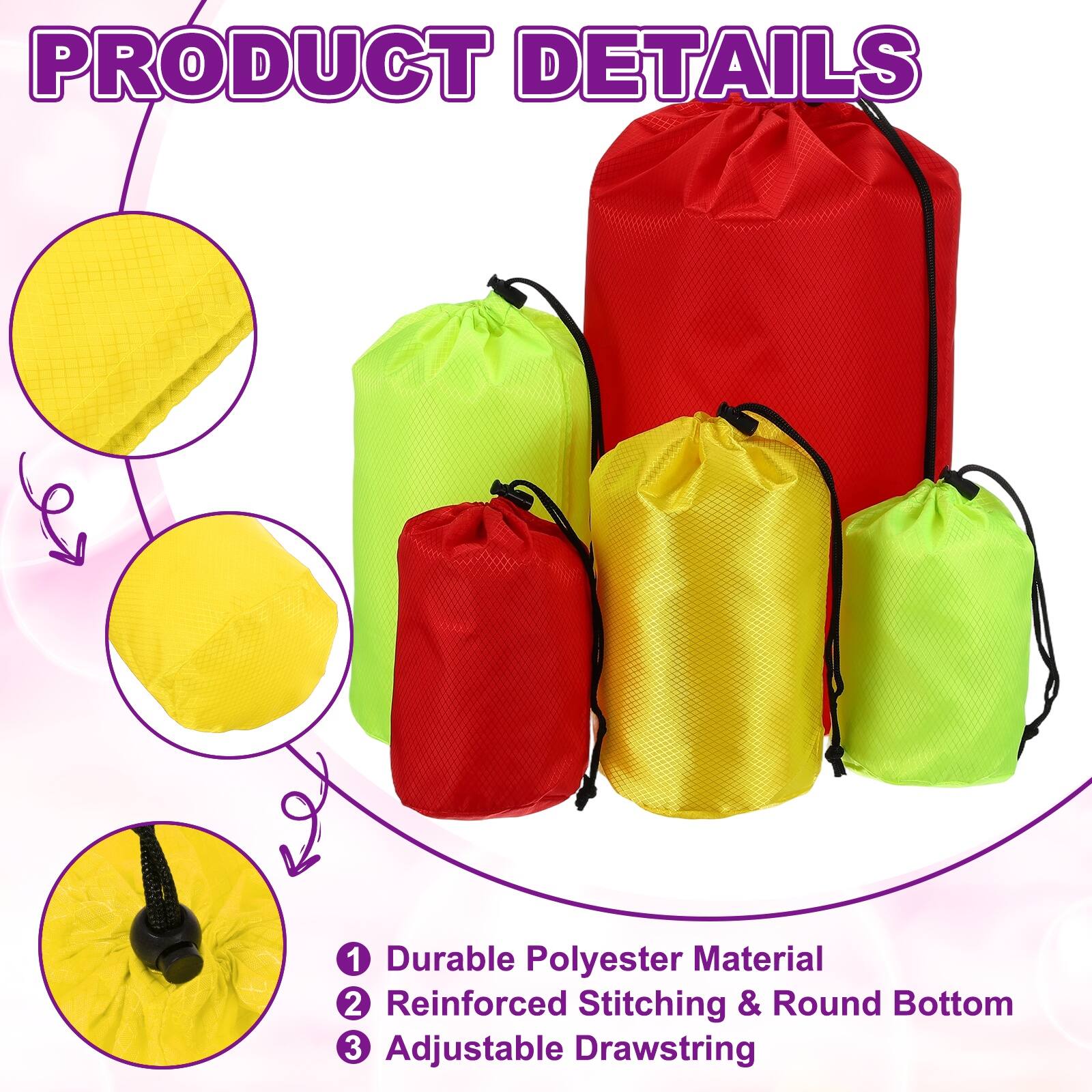 PRODUCT DETAILS

1. Durable Polyester Material
2. Reinforced Stitching & Round Bottom
3. Adjustable Drawstring