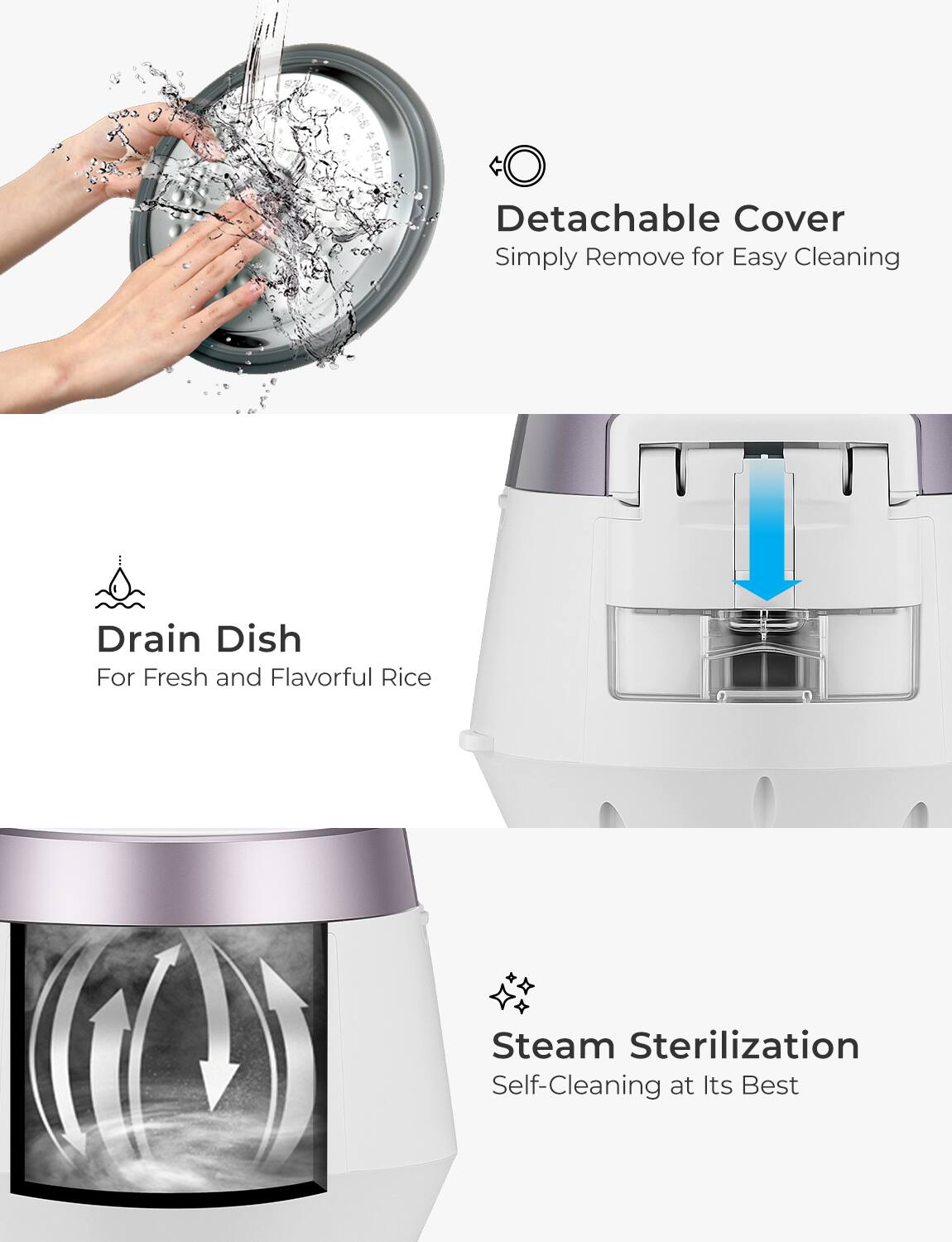 - Detachable Cover  
  Simply Remove for Easy Cleaning

- Drain Dish  
  For Fresh and Flavorful Rice

- Steam Sterilization  
  Self-Cleaning at Its Best
