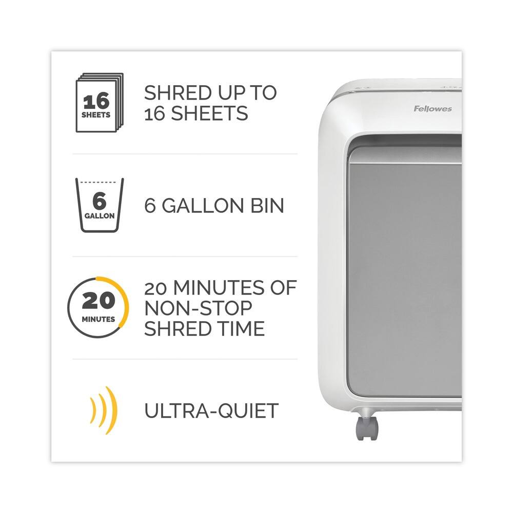 - Shred up to 16 sheets
- 6 gallon bin
- 20 minutes of non-stop shred time
- Ultra-quiet