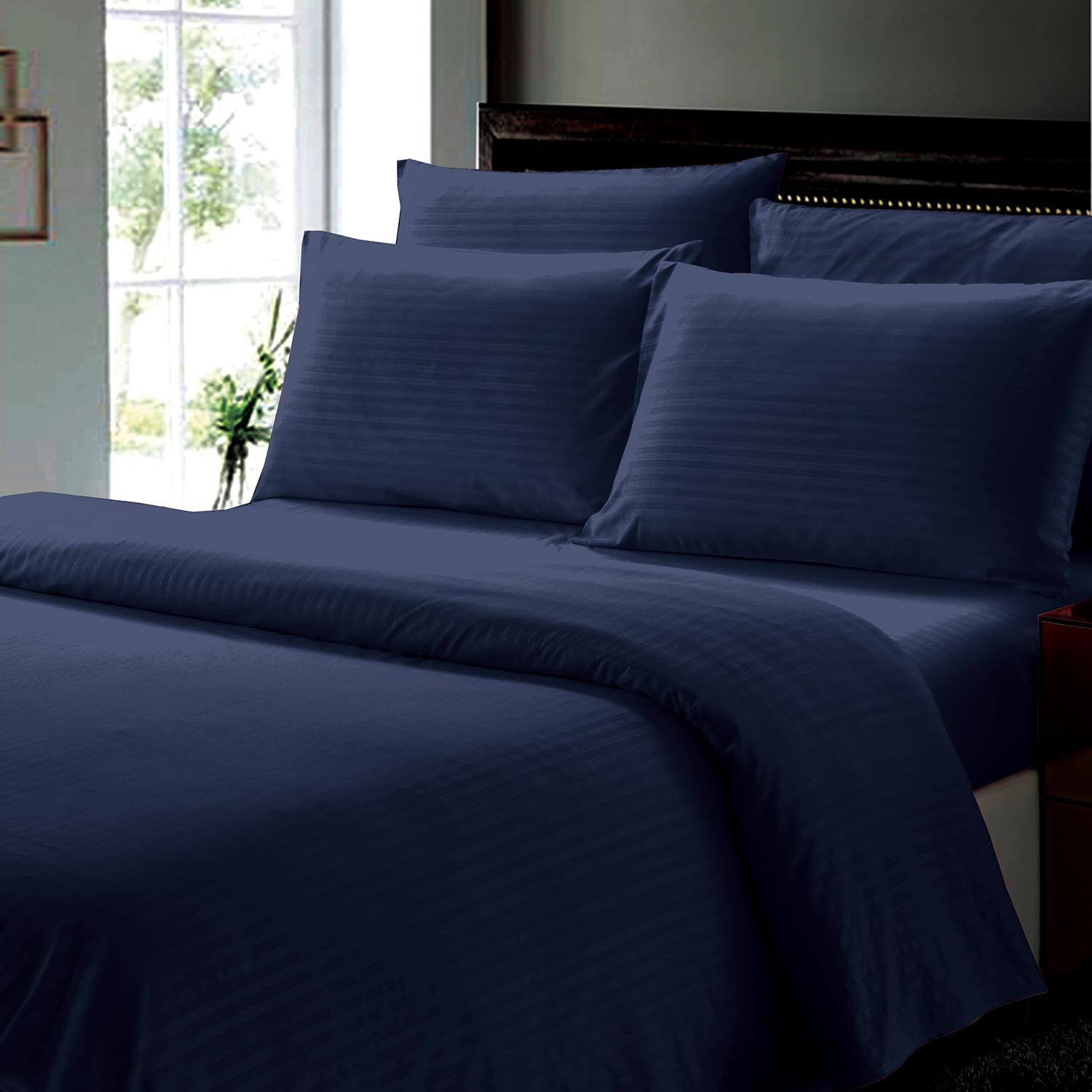 Alt View 1. Plazatex - Plazatex Dobby Stripe Luxurious Ultra Soft Moisture Wicking Solid Color 6 Pieces Sheet Set Queen Navy - Navy.