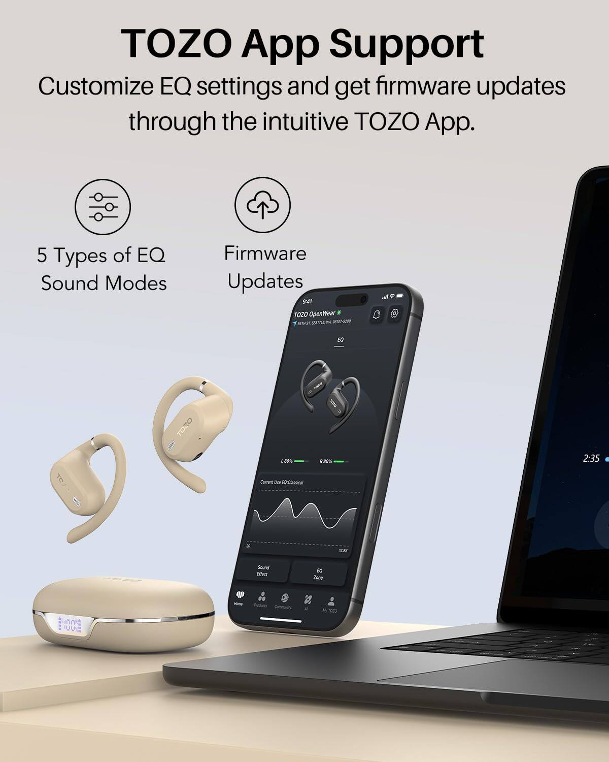 TOZO App Support  
Customize EQ settings and get firmware updates through the intuitive TOZO App.  

5 Types of EQ Sound Modes  
Firmware Updates  

R41 TOZO OpenWear  
MERILE  
TORO  
LAP I  

-0%  
2:35  

Cument OMe Casica a Ta  
Sound Effect do Pune  

M . Aoduch Community  
2 - nnes UU