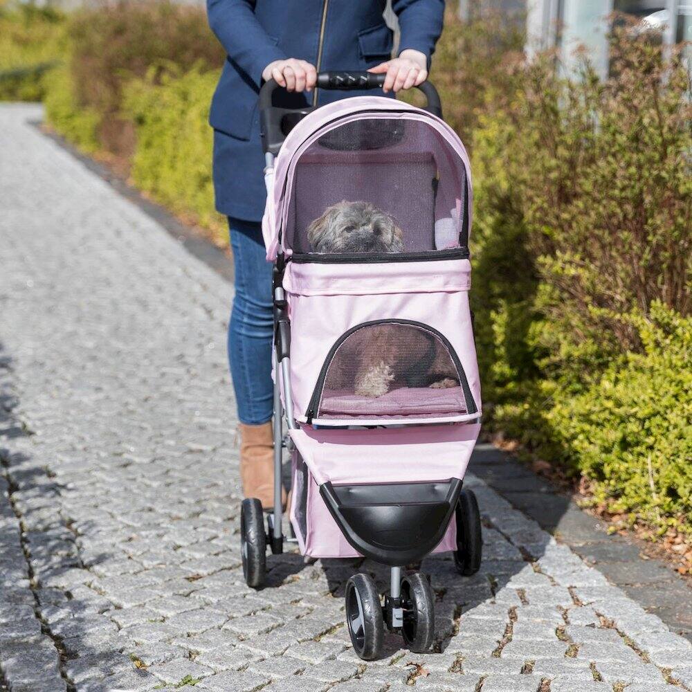 Left. TRIXIE - 3-Wheeled Foldable Dog & Cat Stroller with Canopy and Storage Compartments - Pink.