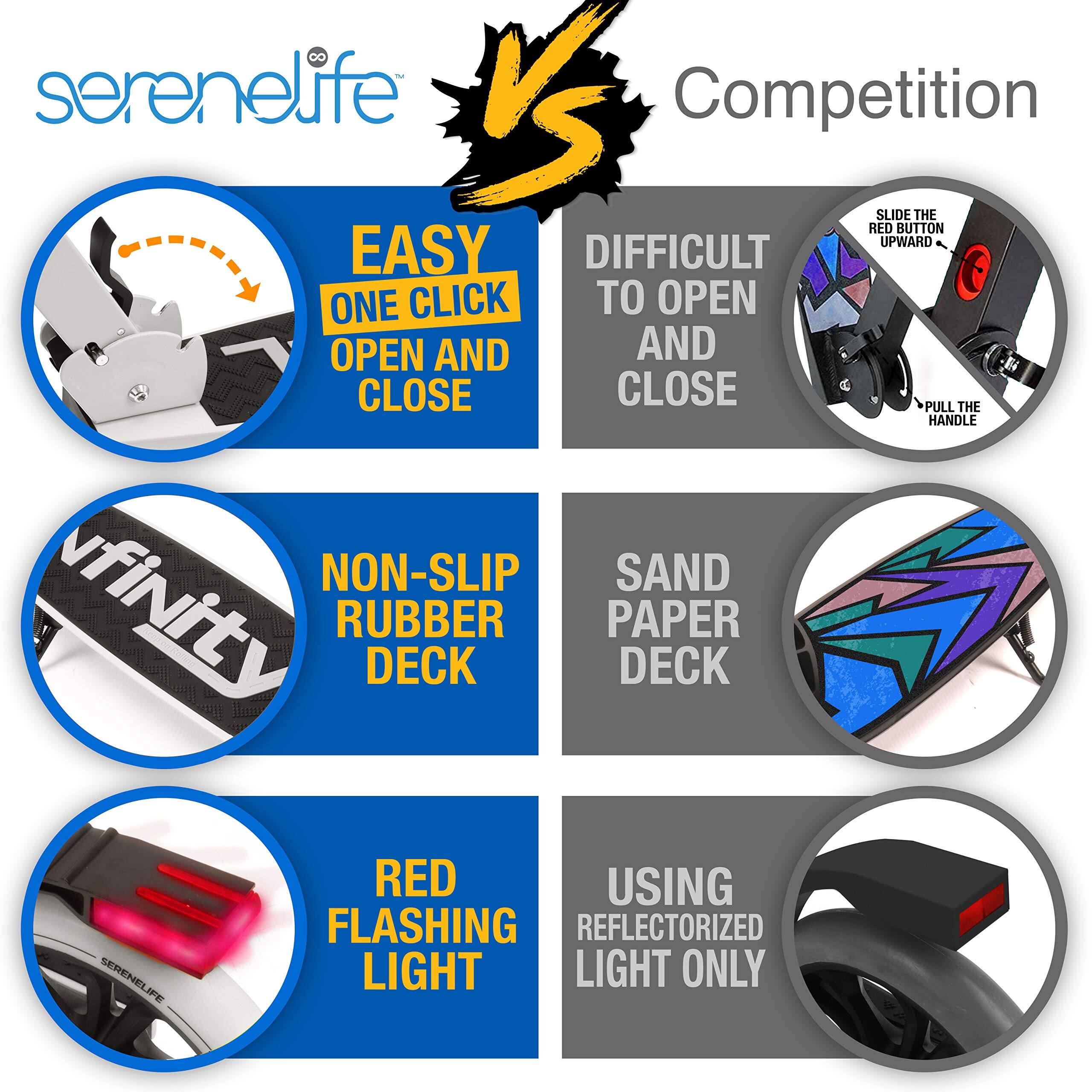 - serenelife Competition  
- EASY ONE CLICK OPEN AND CLOSE  
- DIFFICULT TO OPEN AND CLOSE  
- NON-SLIP RUBBER DECK  
- SAND PAPER DECK  
- RED FLASHING LIGHT  
- USING REFLECTORIZED LIGHT ONLY