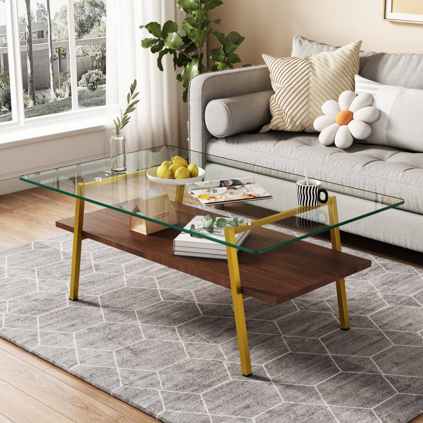 Alt View 1. Ecooso - Rectangle Coffee Table with Tempered Glass top and White Metal Legs, Modern Table for Living Room - Transparent.
