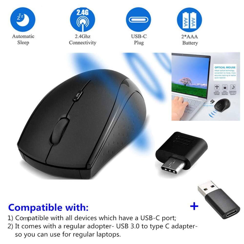 Automatic Sleep  
2.4Ghz Connectivity  
USB-C Plug  
2*AAA Battery  

Compatible with:  
1) Compatible with all devices which have a USB-C port;  
2) It comes with a regular adopter - USB 3.0 to type C adapter - so you can use for regular laptops.