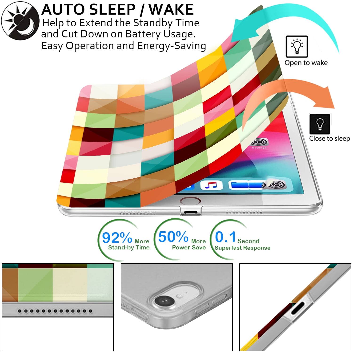 AUTO SLEEP / WAKE  
Help to Extend the Standby Time and Cut Down on Battery Usage.  
Easy Operation and Energy-Saving  

Open to wake  
Close to sleep  

92% More Stand-by Time  
50% More Power Save  
0.1 Second Superfast Response
