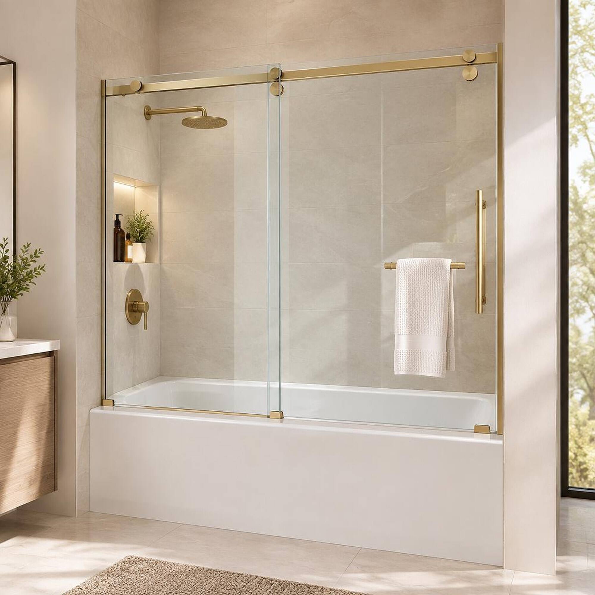 Alt View 3. RYHNUYNE - 56-60" W X 60" H Frameless Sliding Tub Shower Door Enclosure With 5/16" Tempered Glass, Brushed Gold Hardware - Brushed Gold.