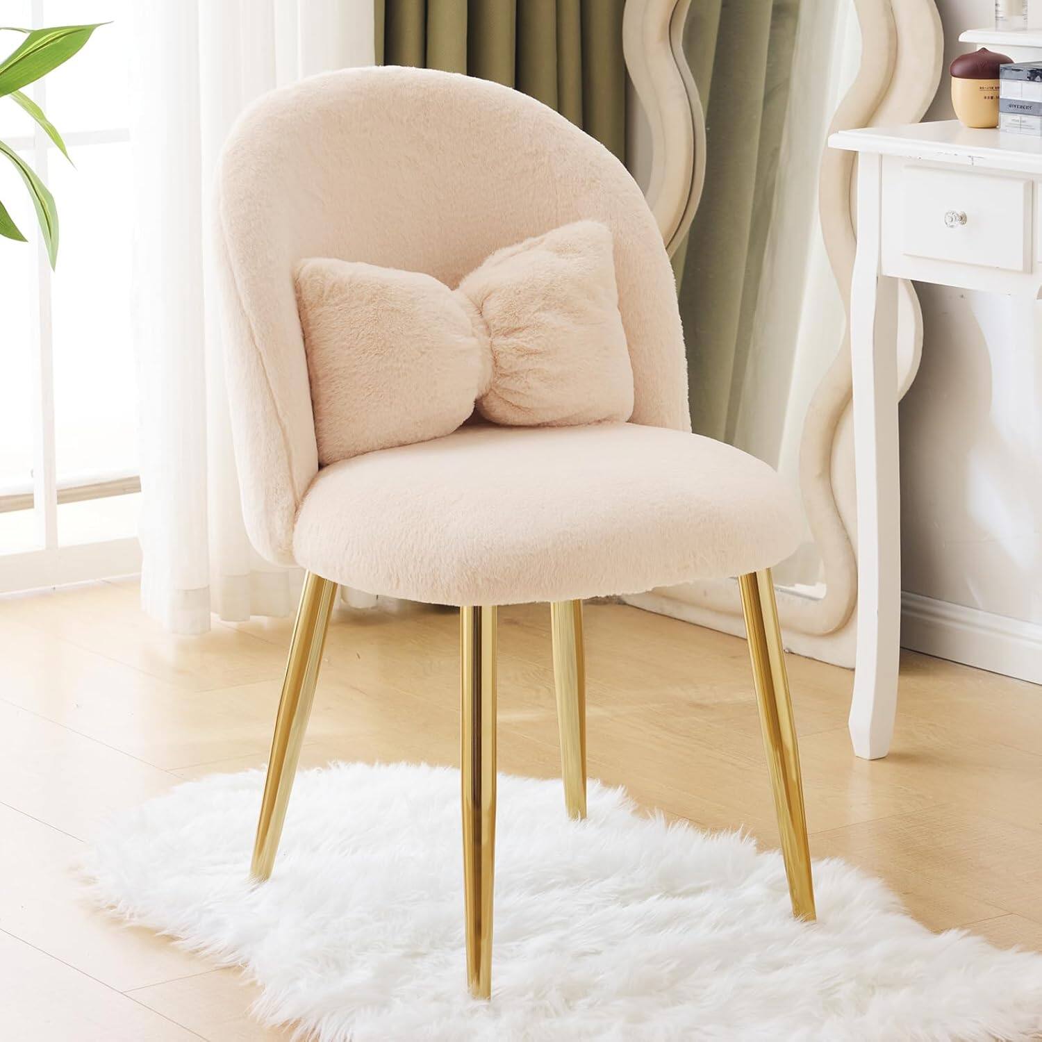Alt View 8. Winado - Girls Vanity Chair with Back & Pillow No Wheels Cute Small Cozy Comfy Makeup Chair with Ajustable Gold Legs for Bedroom - Khaki-plush.