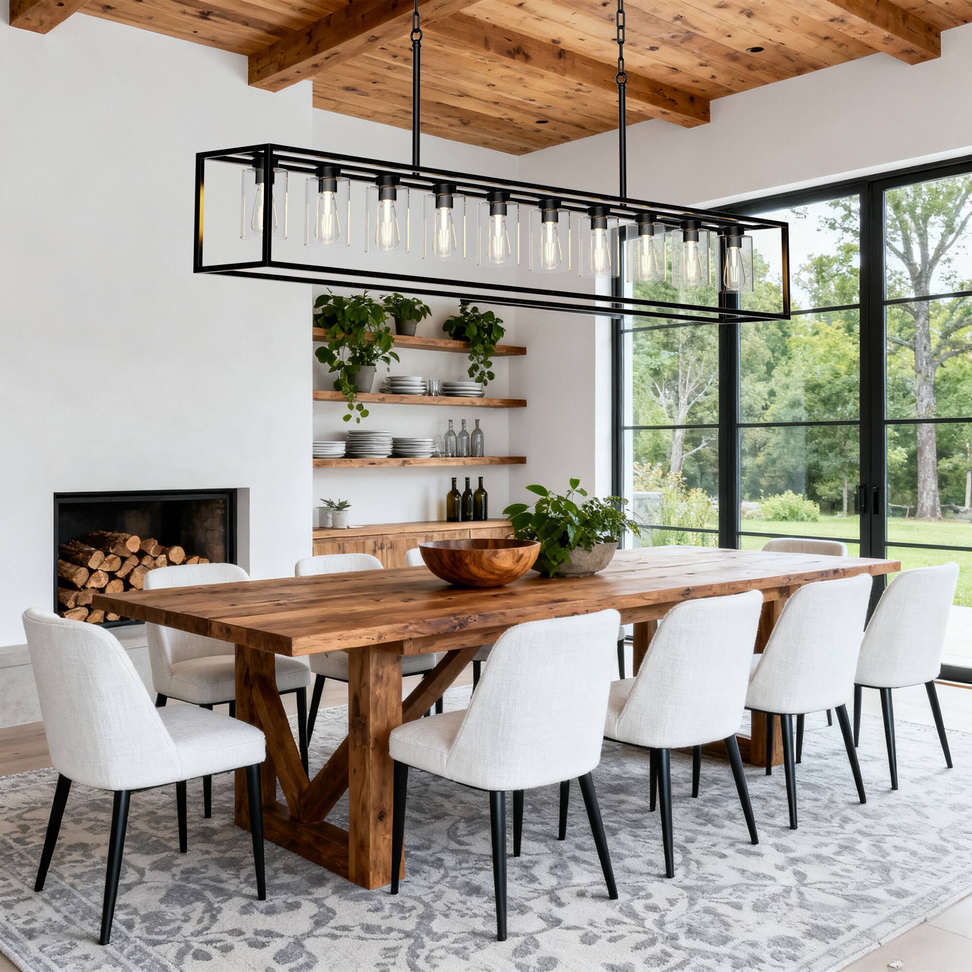 Alt View 1. RYHNUYNE - 10 Light Dining Room Light Fixture,Black Industrial Kitchen Lighting Fixtures,Farmhouse Chandelier with Glass Shade - Black.