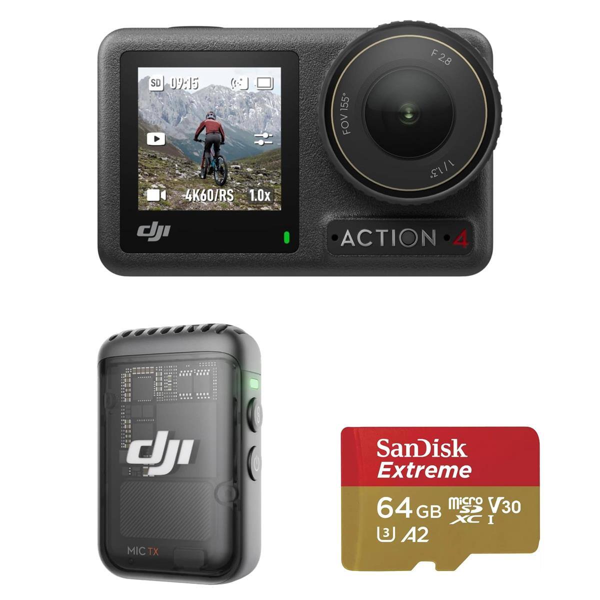 SD 09:15 4K60/RS 1.0x  
155 FOV  
F F2.8 1/1.3  
dji  
ACTION 4  
dji MIC TX  
SanDisk Extreme 64 micro V30 GB CS XC I A2