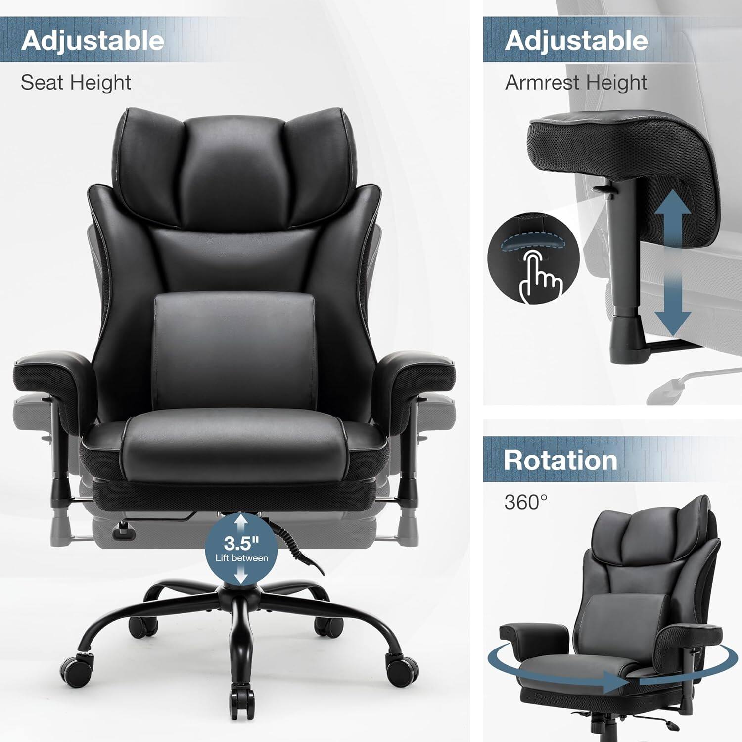 Adjustable Seat Height  
Adjustable Armrest Height  
Rotation 360°  
3.5" Lift between