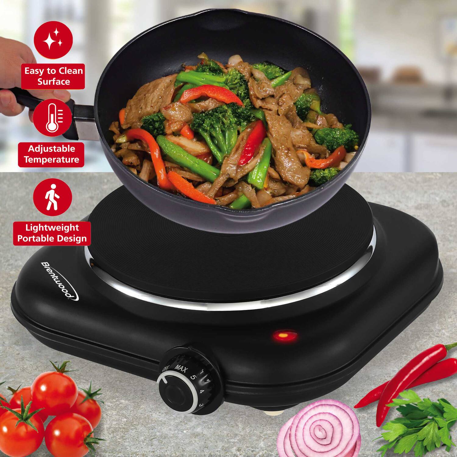 Easy to Clean Surface  
Adjustable Temperature  
Lightweight Portable Design  

Brentwood OF MAX 5 A 5