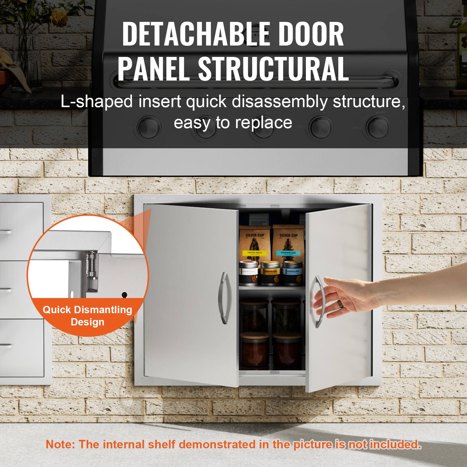 DETACHABLE DOOR PANEL STRUCTURAL  
L-shaped insert quick disassembly structure, easy to replace  

Quick Dismantling Design  

Note: The internal shelf demonstrated in the picture is not included.