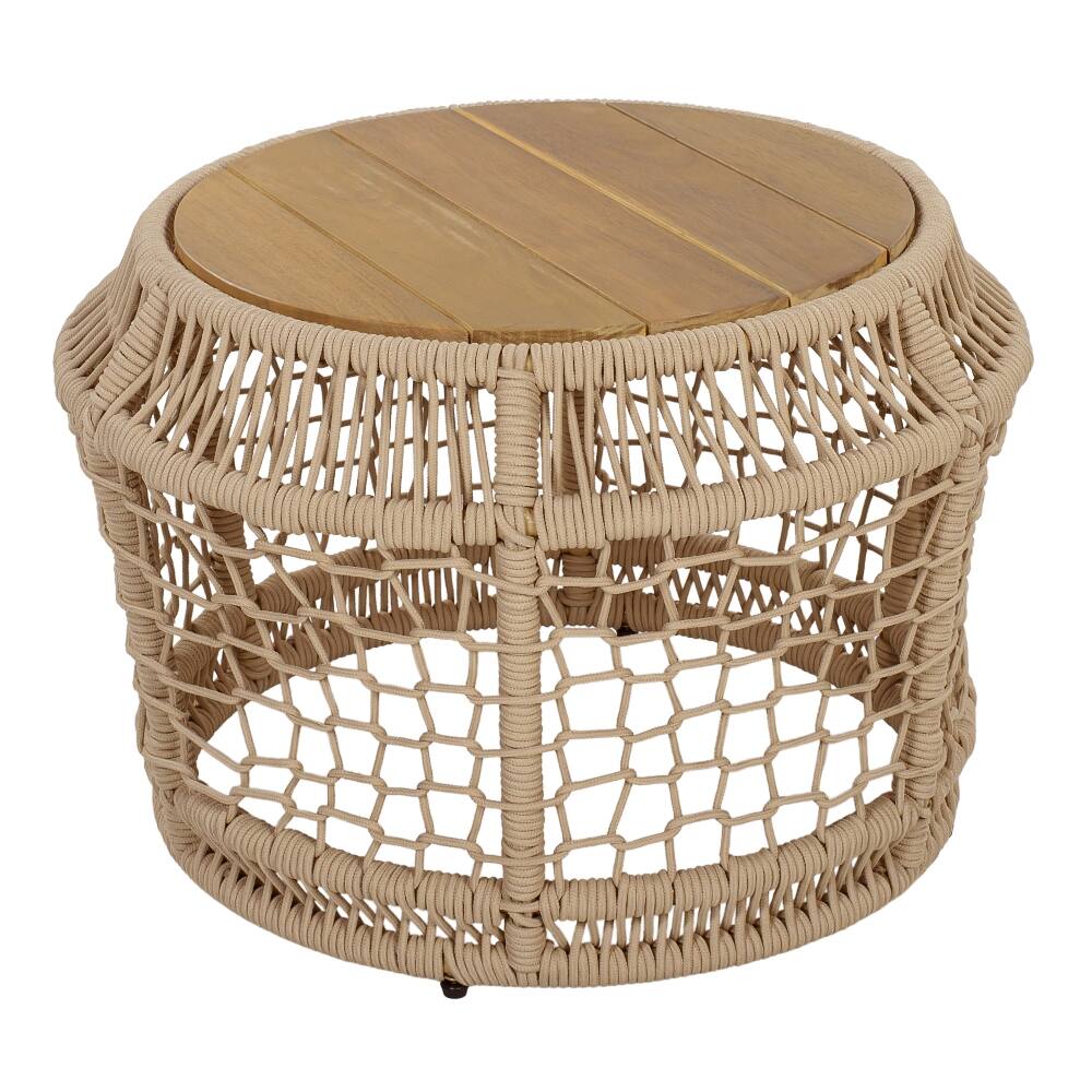 Alt View 1. Loheer - Loheer Round Acacia Wood Side Table Woven Rope Outdoor Accent Table Teak Finish - Light Beige.