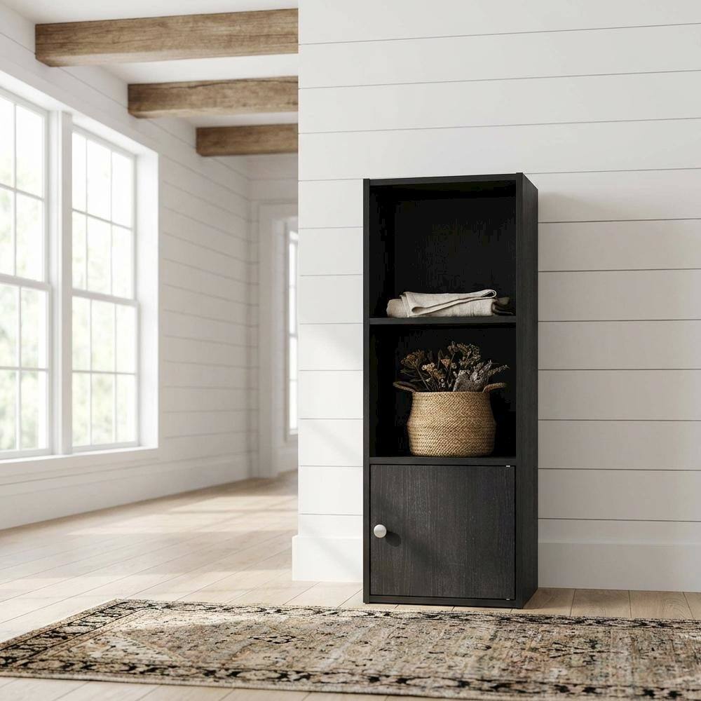 Angle. FurniFact - Black 3-Tier Bookcase with Door Storage and Wood Finish - Blackwood.