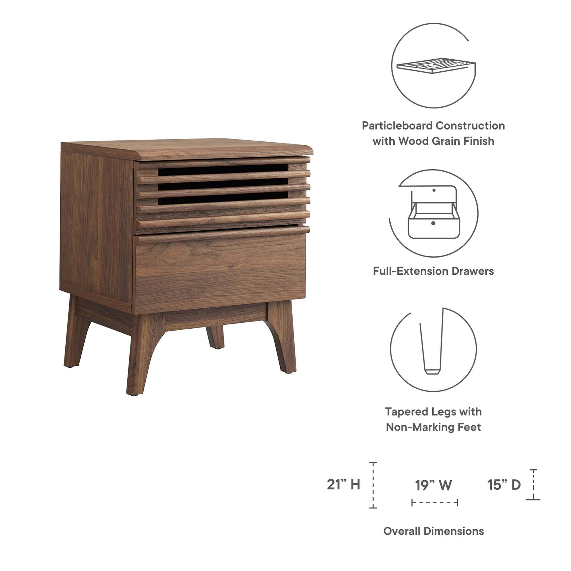 Particleboard Construction with Wood Grain Finish  
Full-Extension Drawers  
Tapered Legs with Non-Marking Feet  

Overall Dimensions:  
21" H x 19" W x 15" D