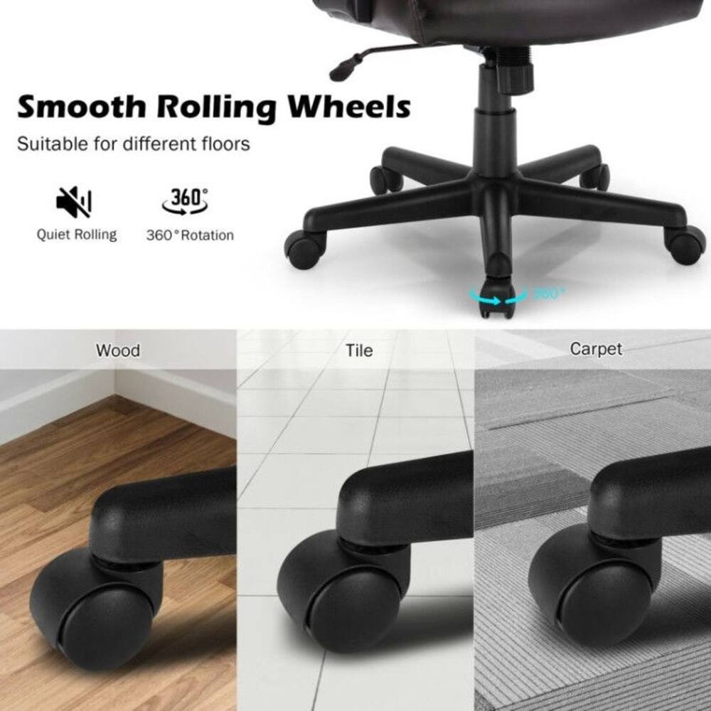Smooth Rolling Wheels  
Suitable for different floors  
360° Quiet Rolling  
360° Rotation  

Wood  
Tile  
Carpet