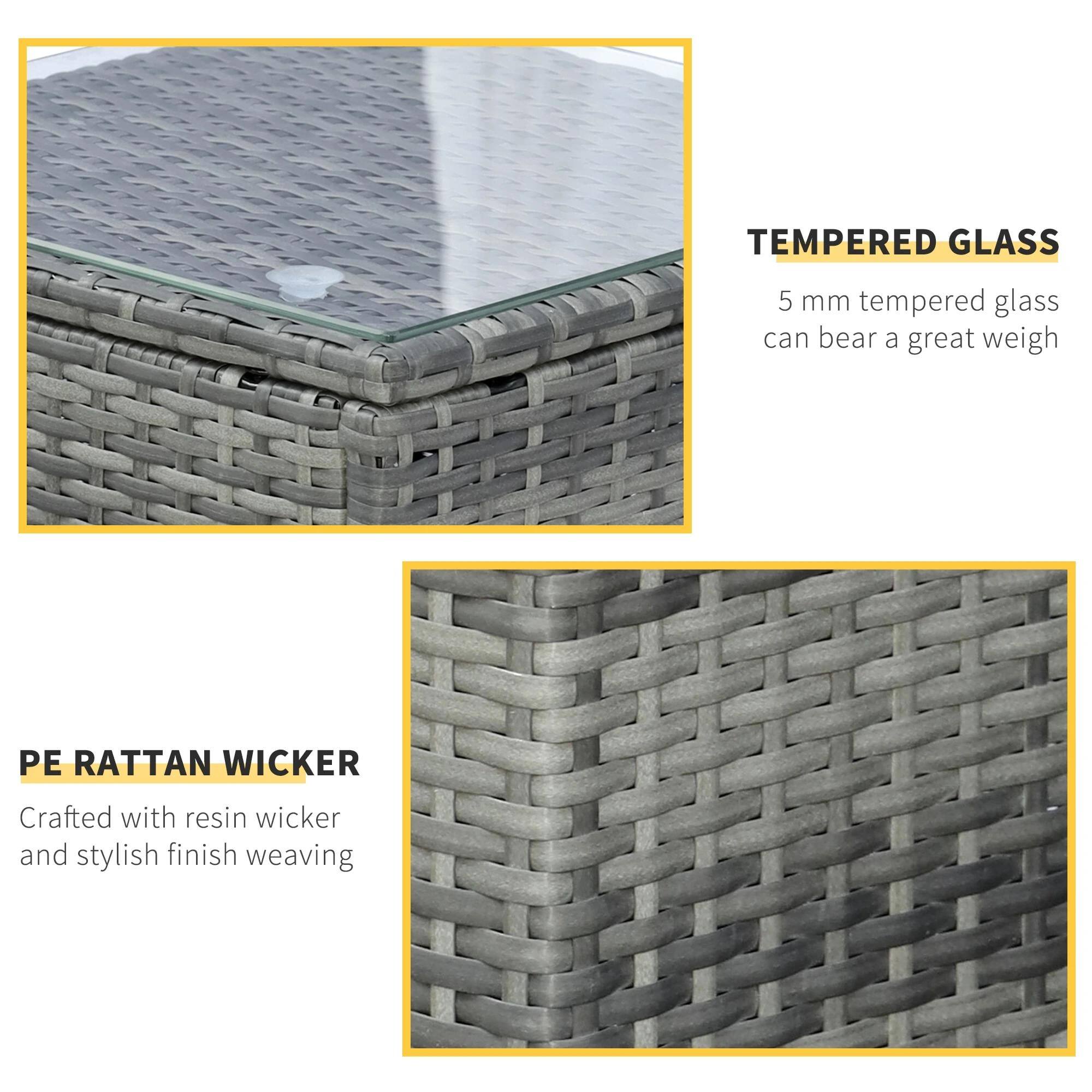 TEMPERED GLASS: 5 mm tempered glass can bear a great weigh

PE RATTAN WICKER: Crafted with resin wicker and stylish finish weaving