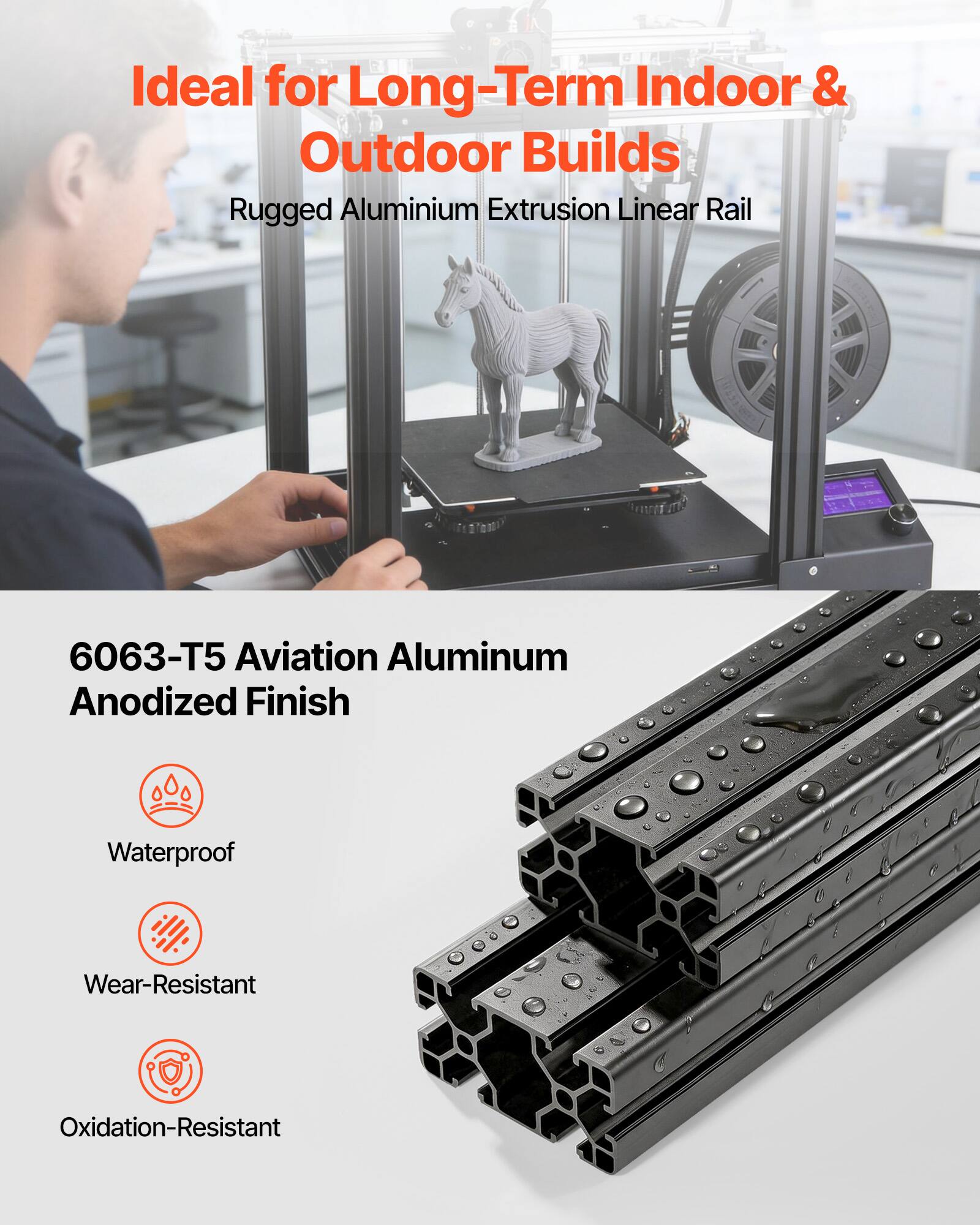 Ideal for Long-Term Indoor & Outdoor Builds  
Rugged Aluminium Extrusion Linear Rail  

6063-T5 Aviation Aluminum Anodized Finish  
Waterproof  
Wear-Resistant  
Oxidation-Resistant