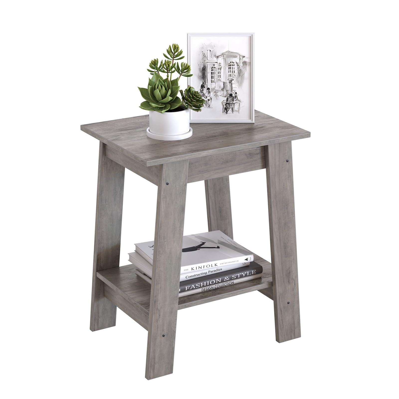 Jojoka - End Table, Side Table with 2-Tier Storage Shelf, Farmhouse Square Sofa Table - Gray