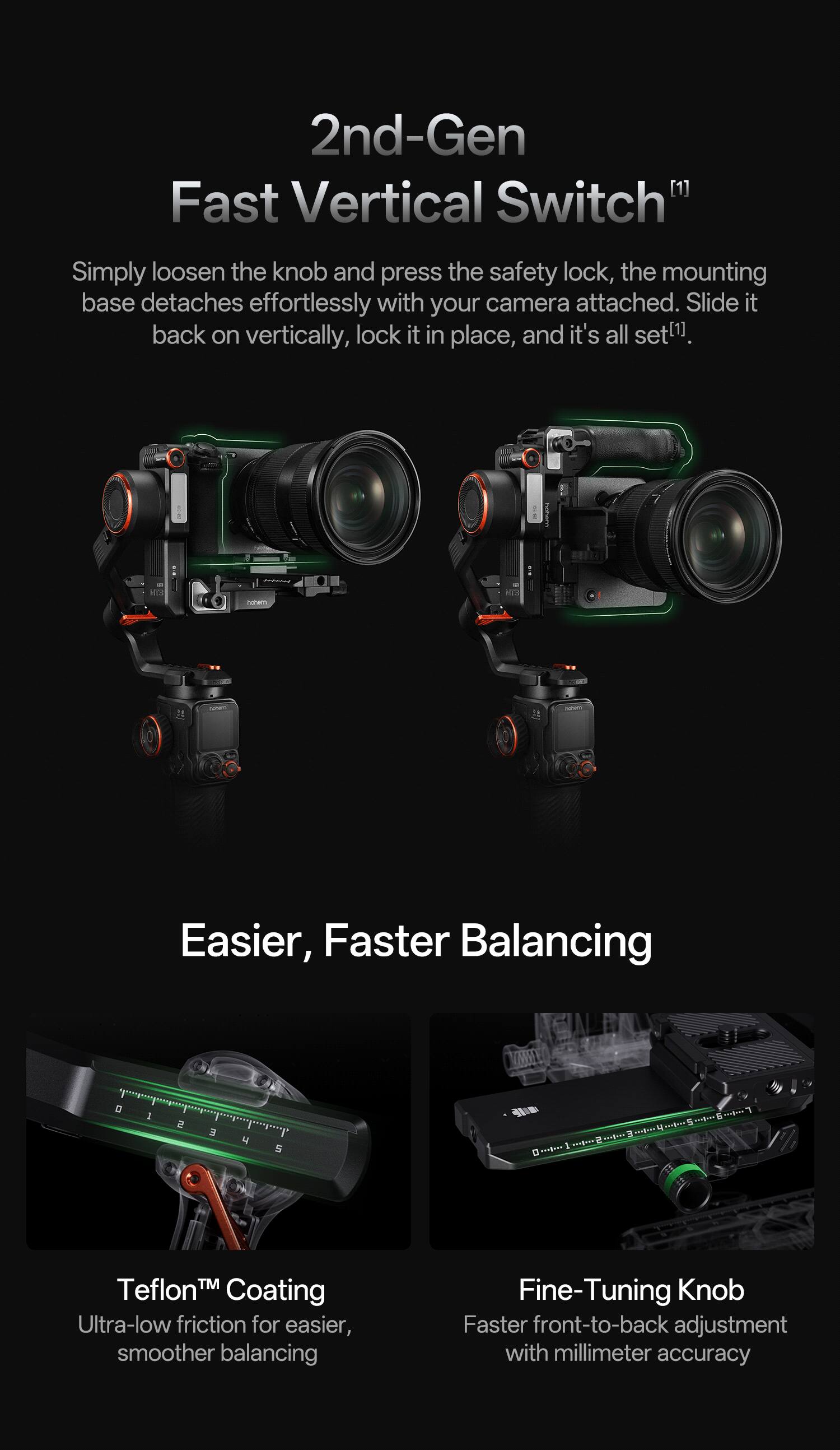 2nd-Gen Fast Vertical Switch  
Simply loosen the knob and press the safety lock, the mounting base detaches effortlessly with your camera attached. Slide it back on vertically, lock it in place, and it's all set!  

Easier, Faster Balancing  

Teflon™ Coating  
Ultra-low friction for easier, smoother balancing  

Fine-Tuning Knob  
Faster front-to-back adjustment with millimeter accuracy